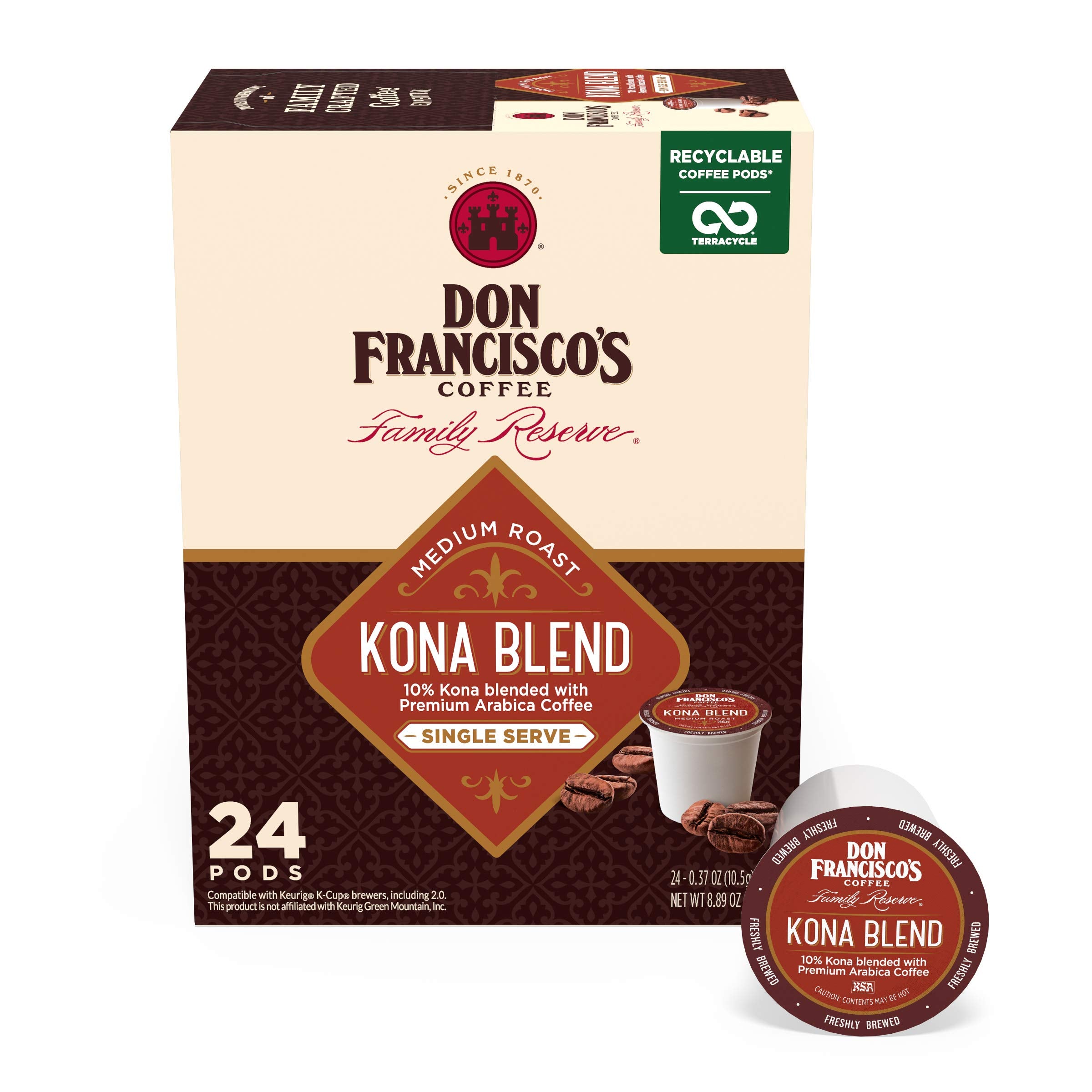 Don Francisco's Kona Blend pods packaging closeup for easy at-home brewing.