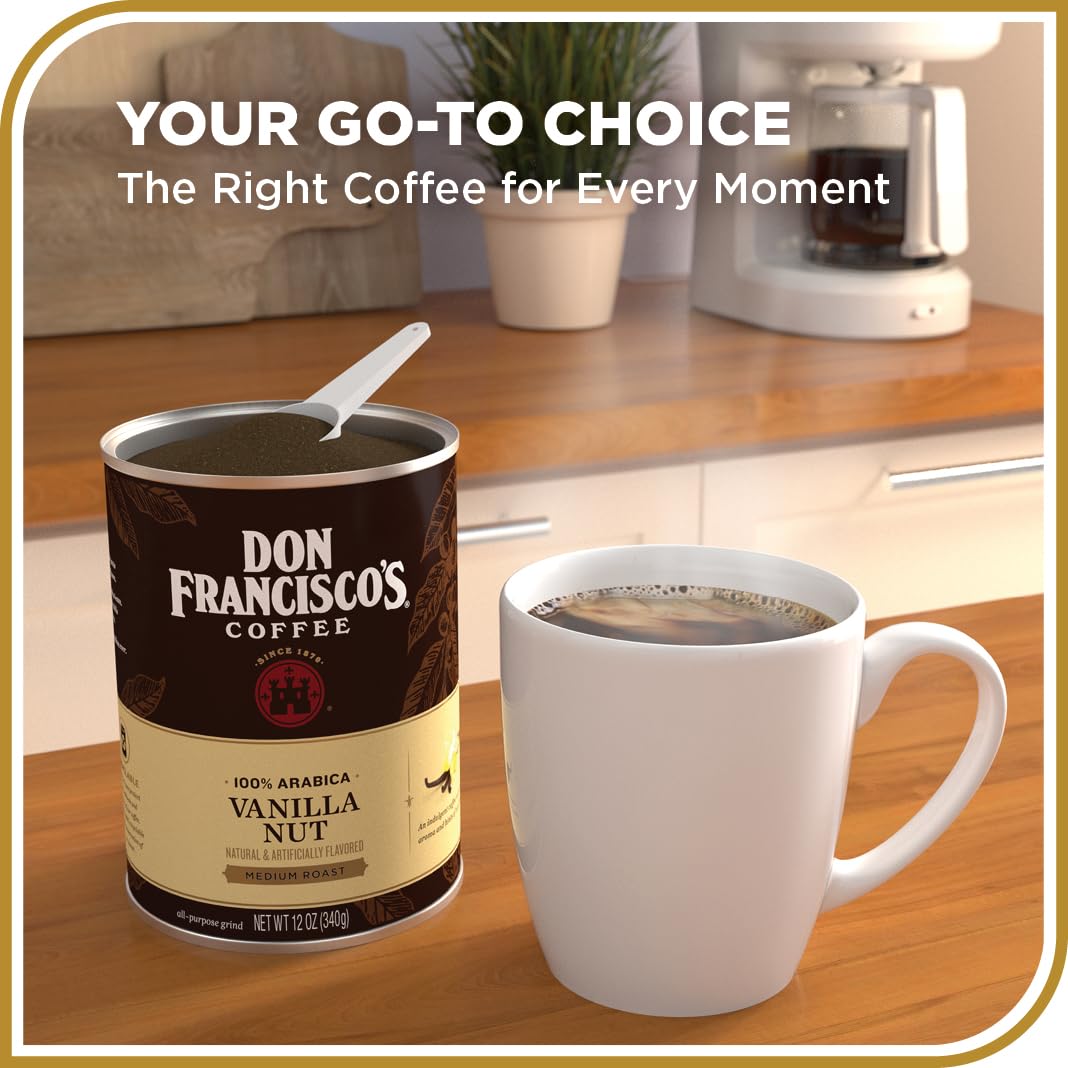 Don Francisco's Vanilla Nut coffee beans closeup highlights 100% Arabica quality.