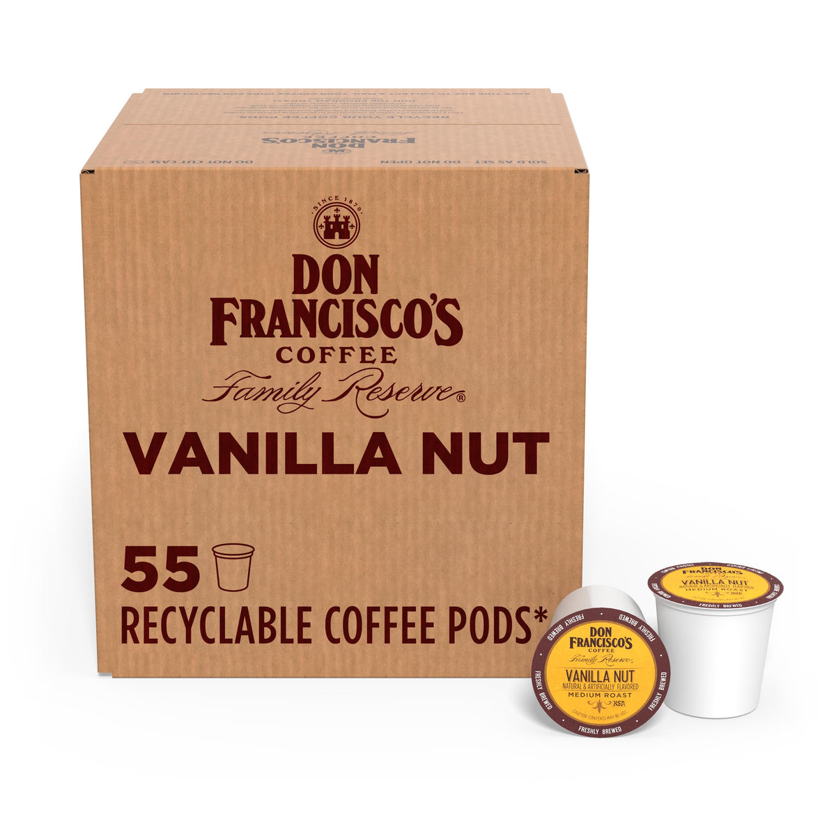 Don Francisco's Vanilla Nut coffee pods packaging provides quick, flavorful mornings.