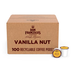 Don Francisco's Vanilla Nut coffee pods packaging shown for convenient home brewing.