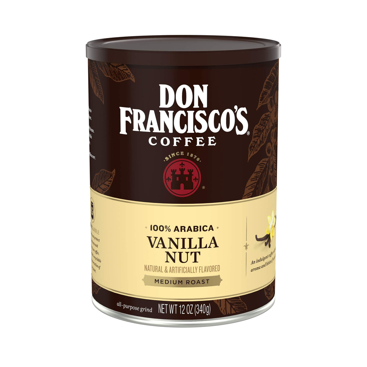 Don Francisco's Vanilla Nut coffee can front showcases premium aroma for morning routines.