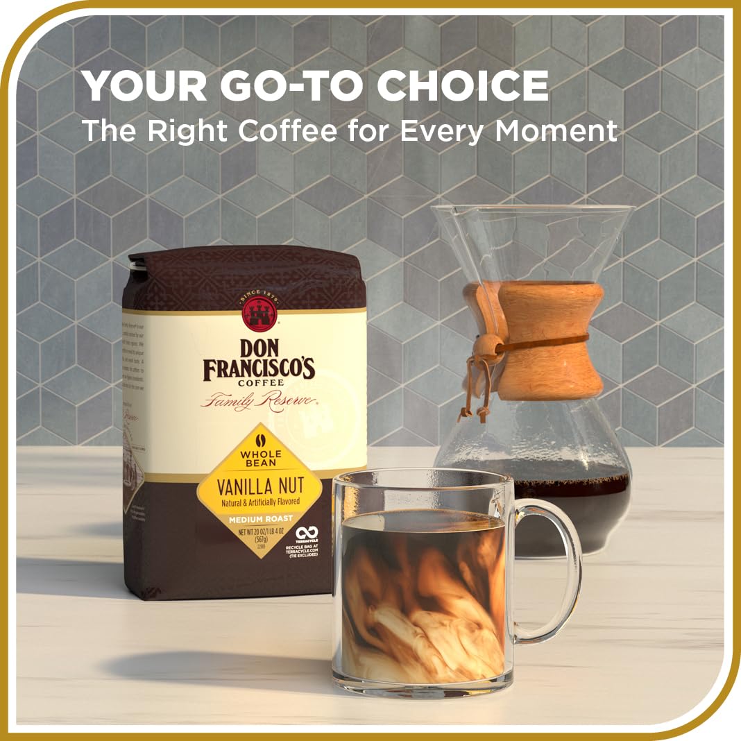 Don Francisco's Vanilla Nut medium roast; balanced flavor with vanilla and nut hints.