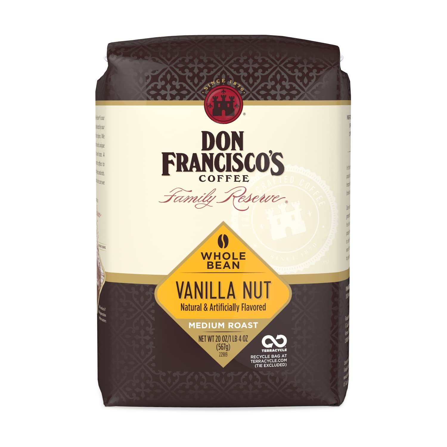 Don Francisco's Vanilla Nut whole bean coffee in a 20 oz bag; freshness preserved.