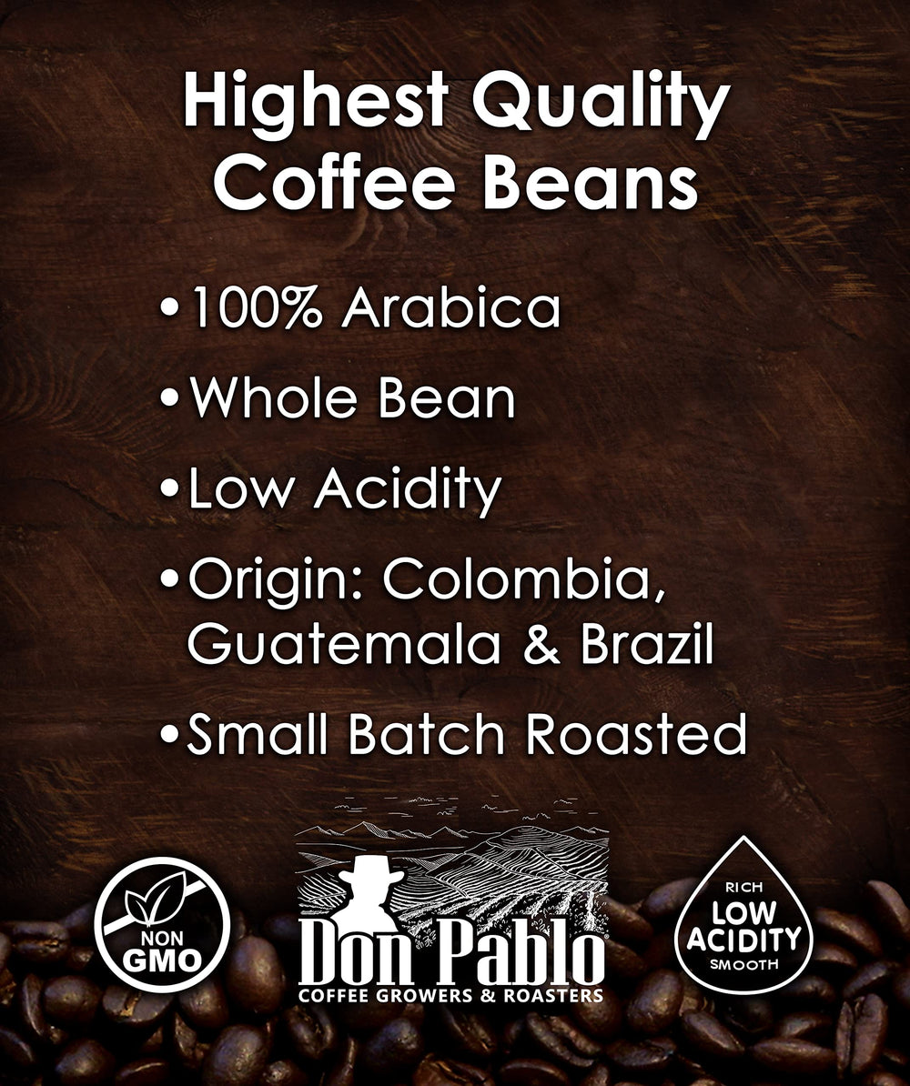 Cafe Don Pablo 100% Arabica beans close-up, hand-picked quality for a balanced cup.