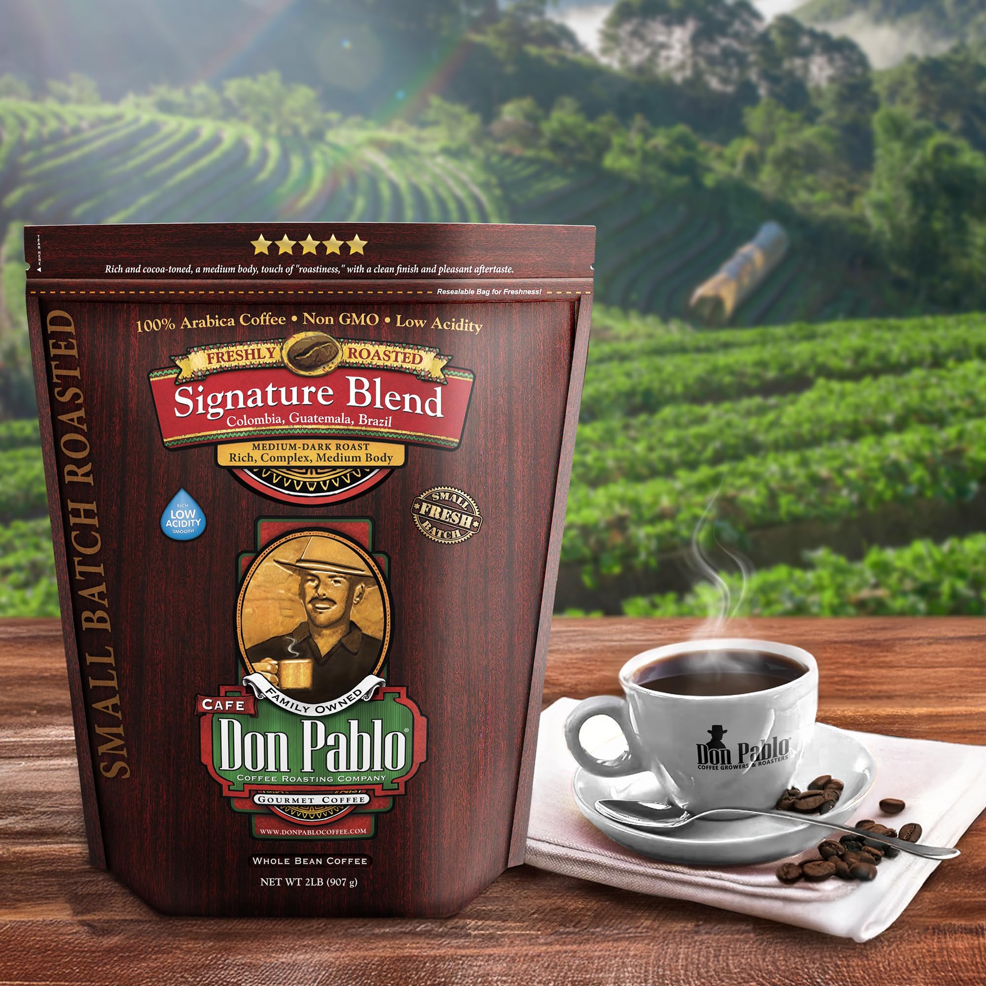 Cafe Don Pablo brewed coffee pour demonstrating full-bodied flavor with low acidity.