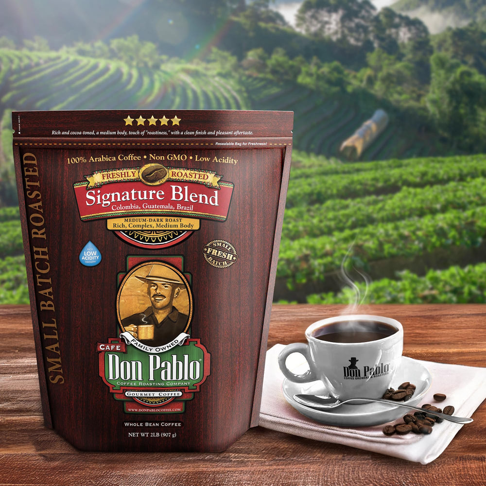 Cafe Don Pablo brewed coffee pour demonstrating full-bodied flavor with low acidity.