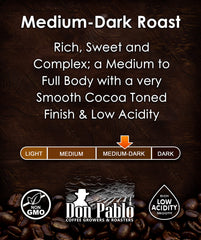 Cafe Don Pablo Signature Blend cup steaming, inviting cocoa notes and smooth finish.