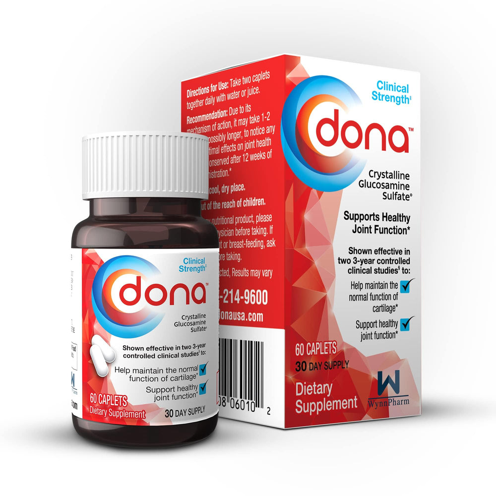 Dona Crystalline Glucosamine Sulfate bottle label showing joint health focus and quality