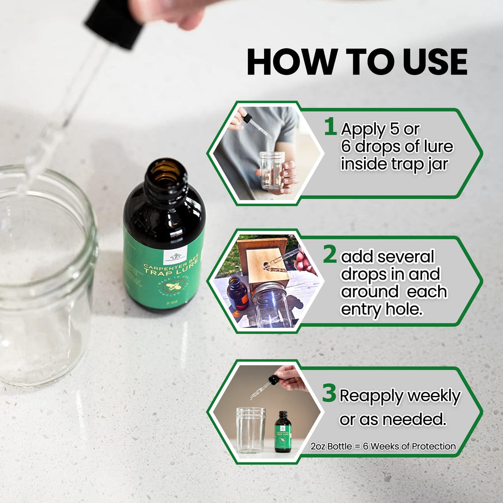 Honeybee friendly formula protects pollinators while trapping carpenter bees.