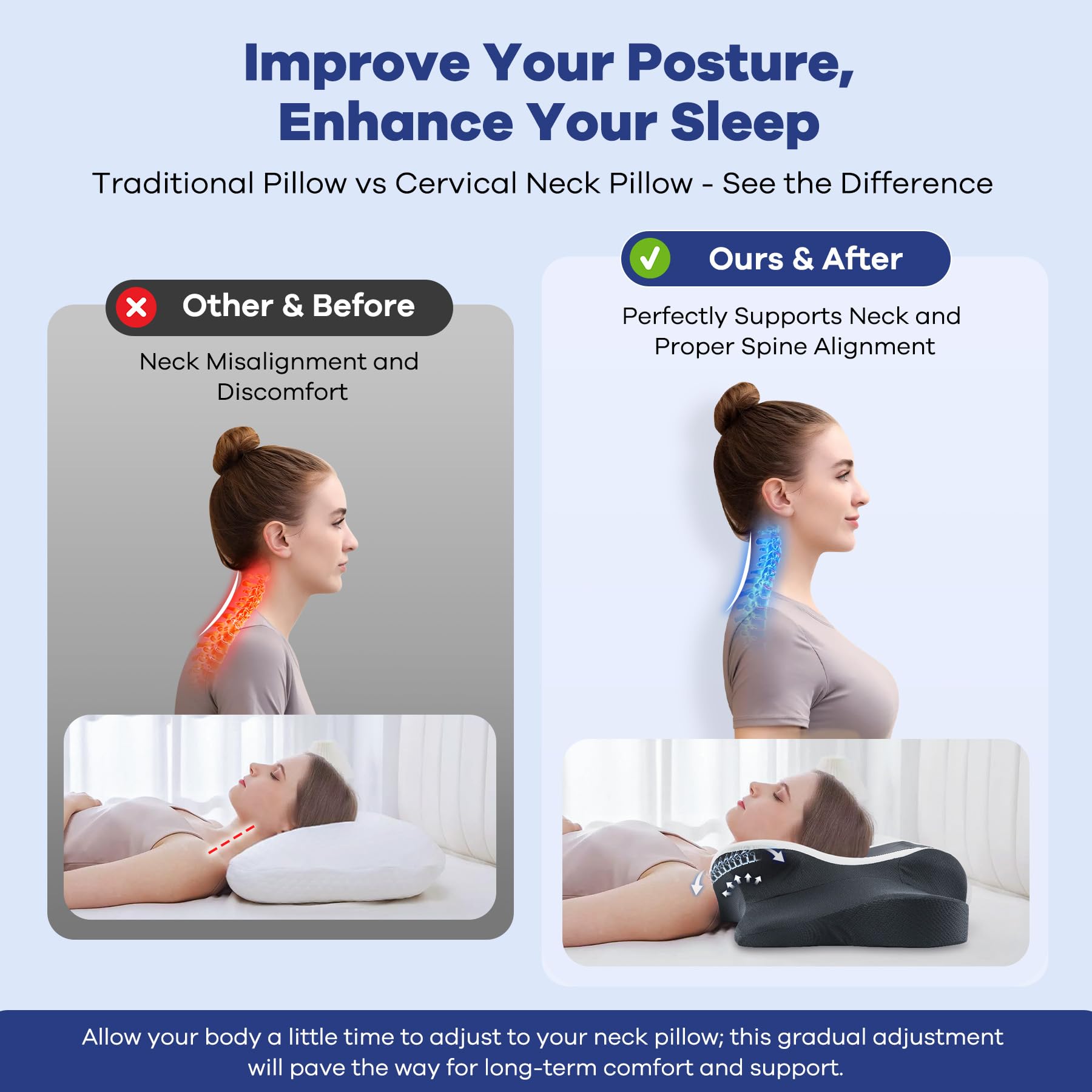 Donama slow rebound memory foam conforms to your neck curves.