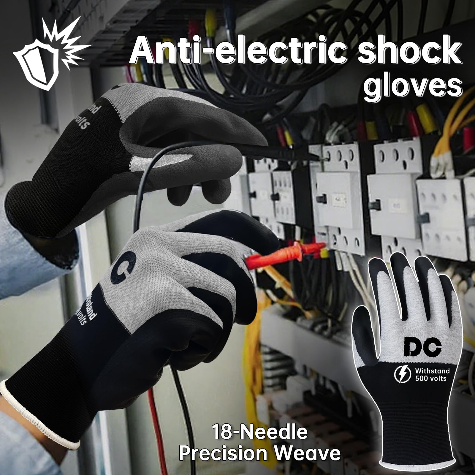 DongChu rubber palm glove highlighting flame-retardant and insulating surface.