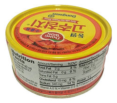 Dongwon tuna with hot pepper sauce open can shows vegetables for heating.