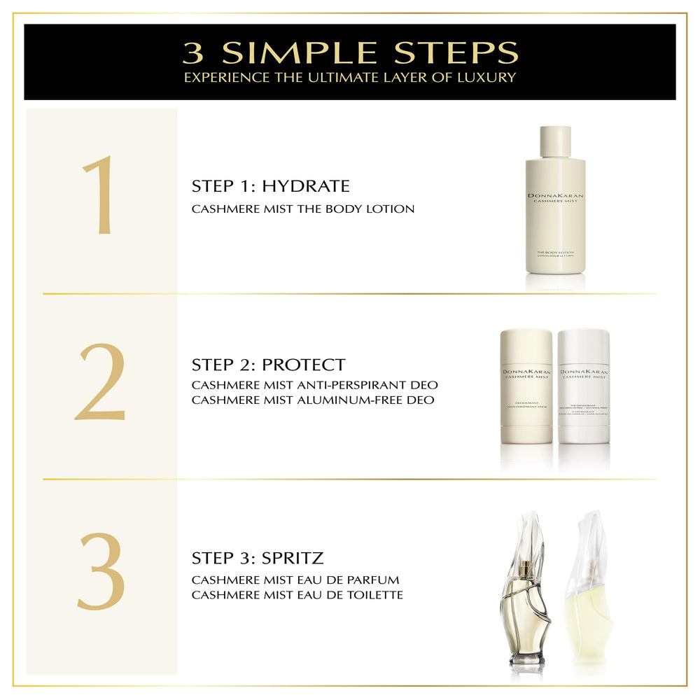 Donna Karan Cashmere Mist aluminum-free formula provides a gentle daily option