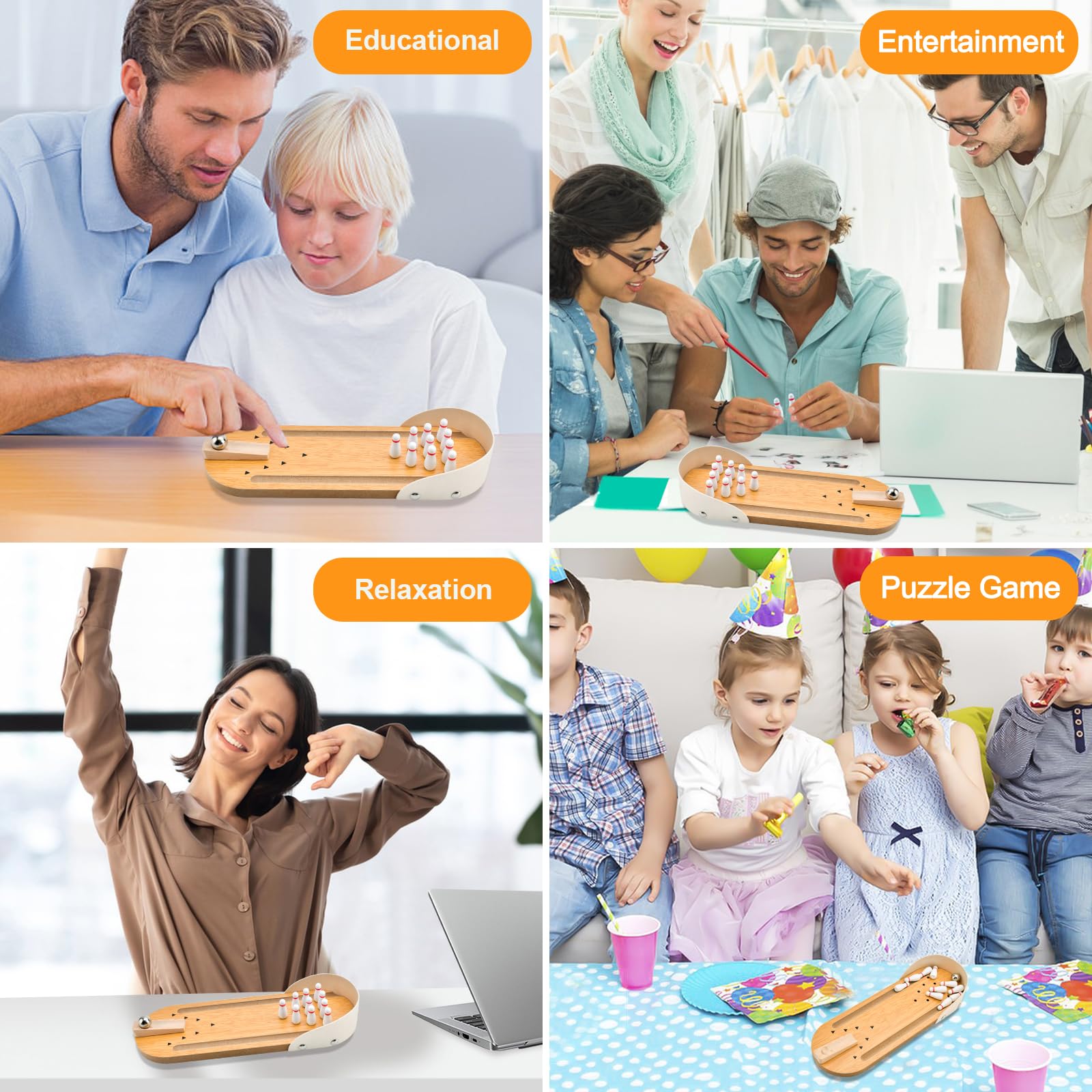 Donse table-top bowling on a desk provides casual break-time entertainment.