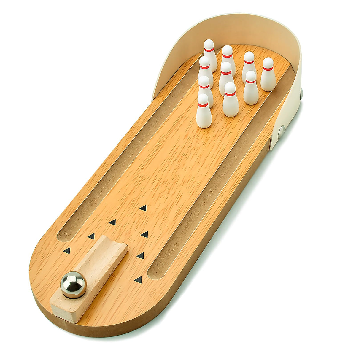 Donse table-top mini bowling pins on the lane for quick stress-free play at home.