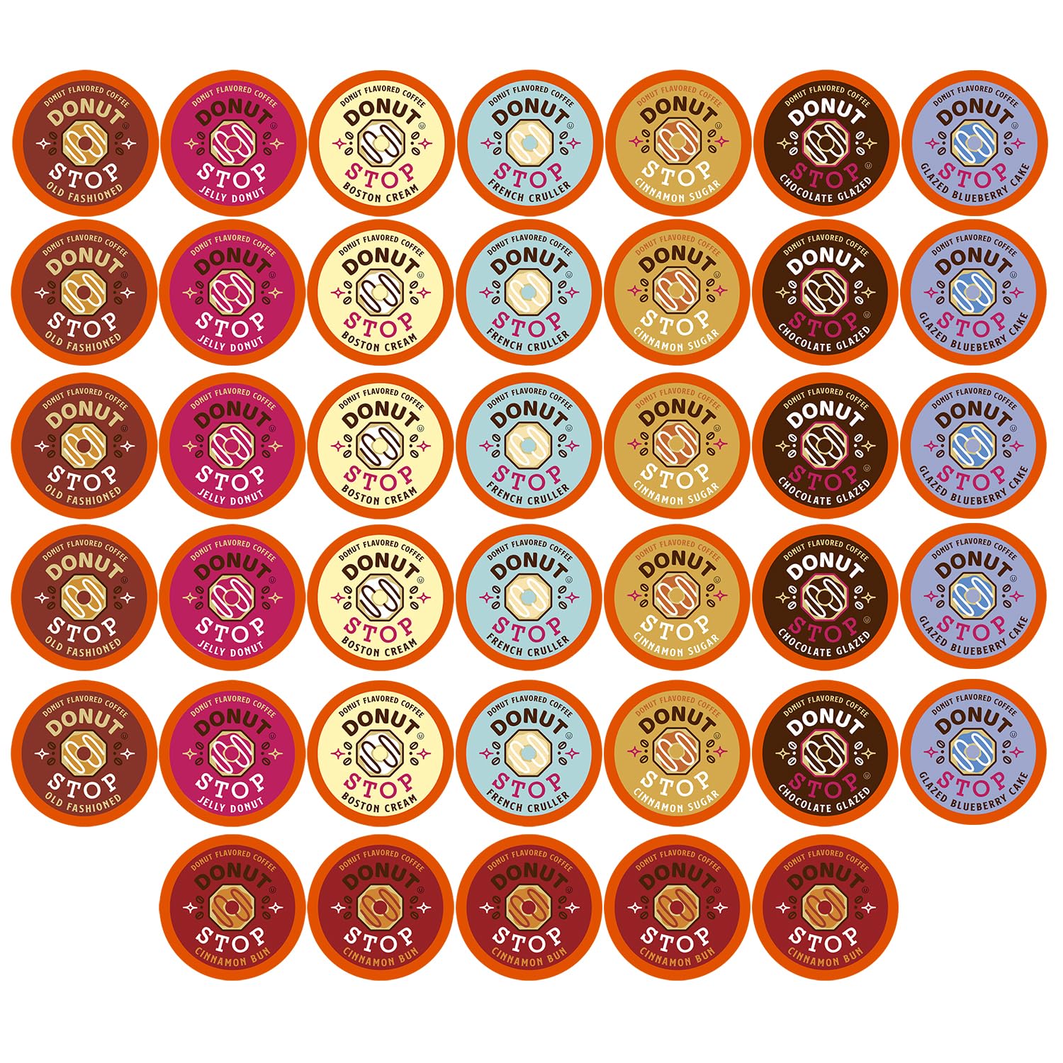 Donut Stop flavored coffee pods variety pack front view for easy mornings