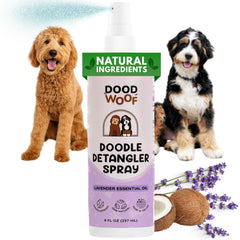 DOOD WOOF detangler spray bottle shown for easy doodle grooming and detangling.