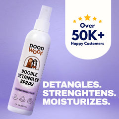 DOOD WOOF detangler spray mist applied to coat for quick detangling.