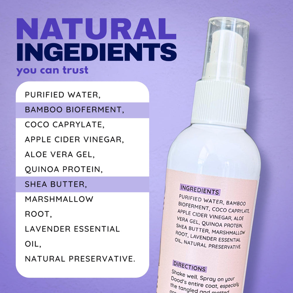 Packaging showing US-made DOOD WOOF detangler spray.