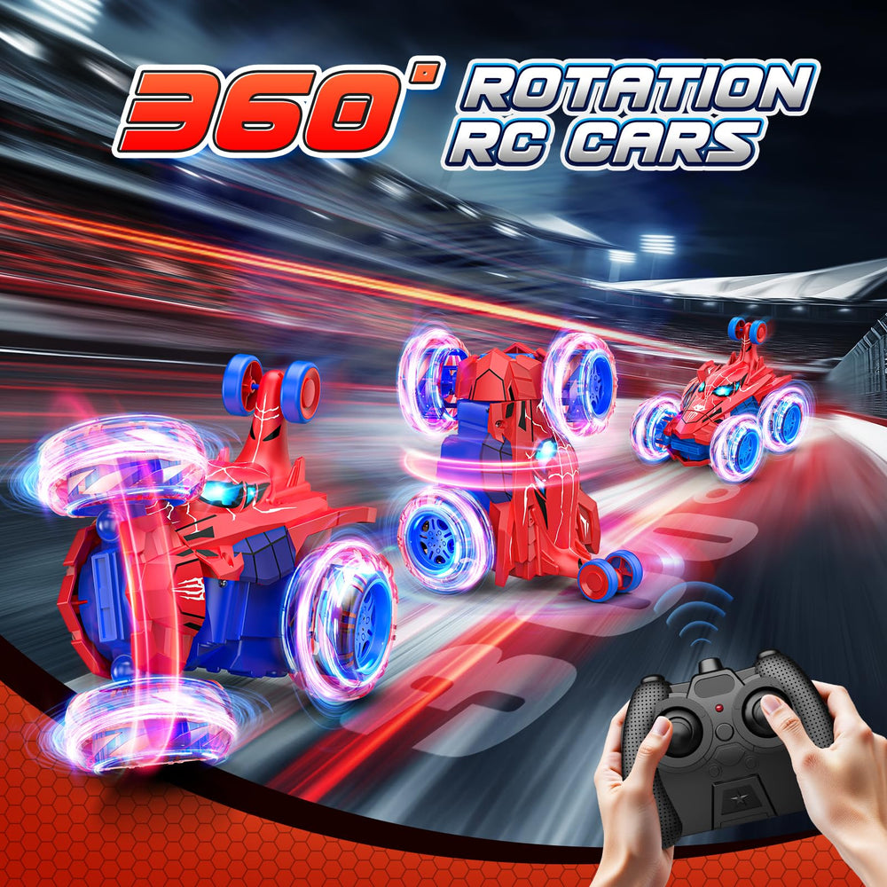 Doodays Spider RC car performing 360 flips with colorful wheel lights