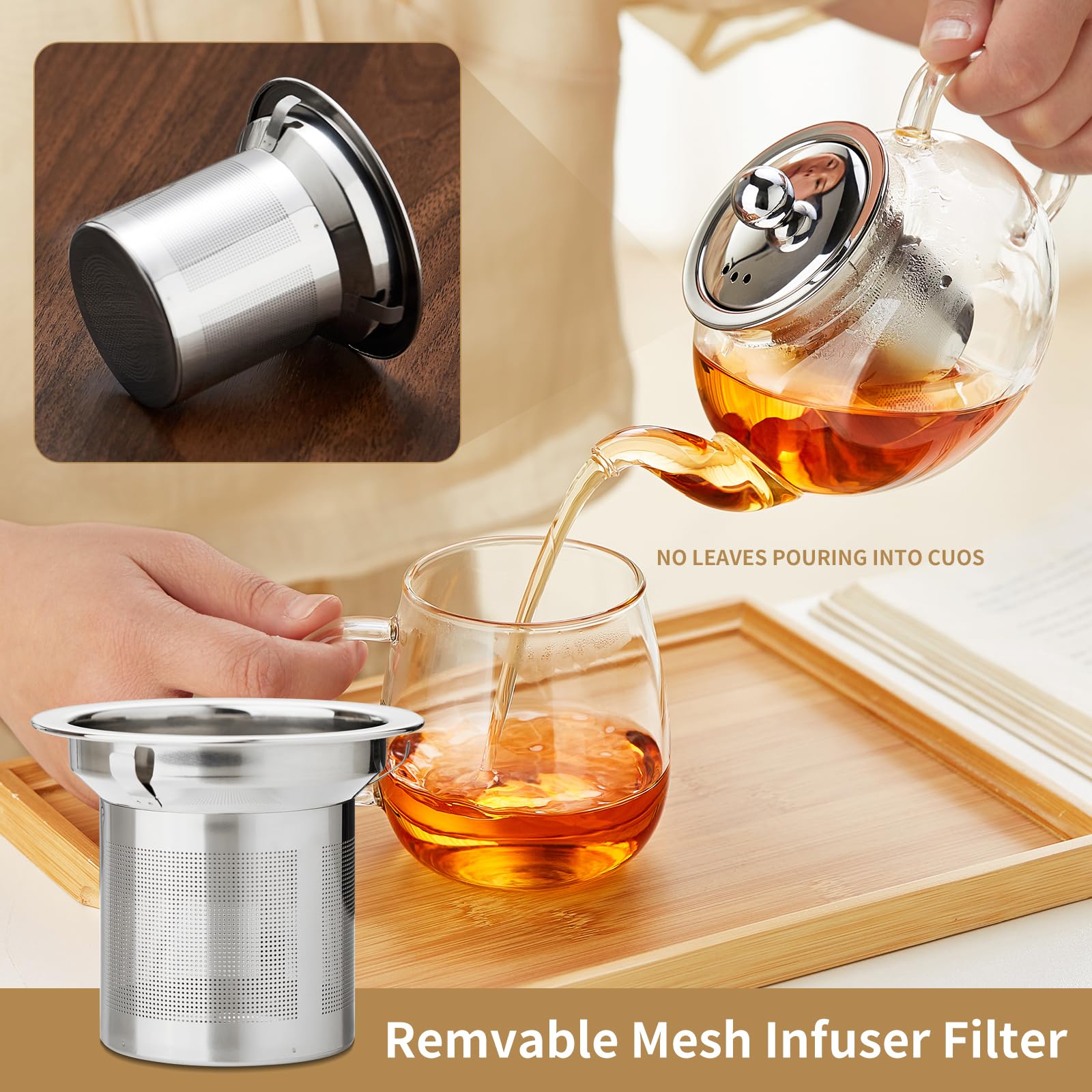 DOPUDO removable stainless steel infuser keeps leaves out of your cup.