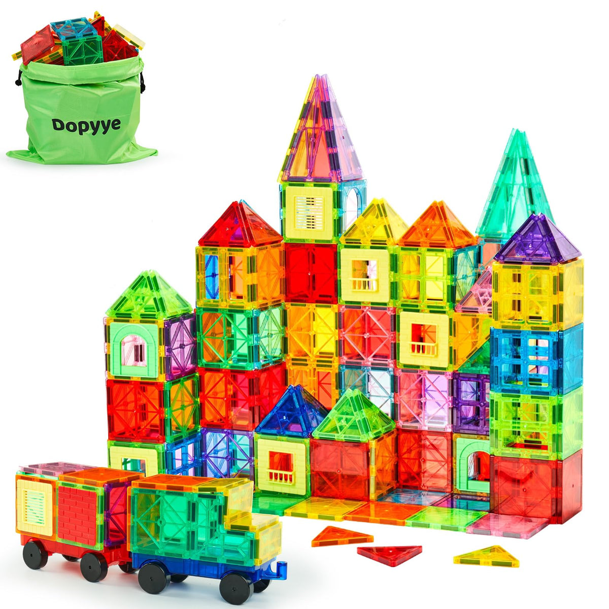 Dopyye 132-piece magnetic tiles set enables large builds and creative play.