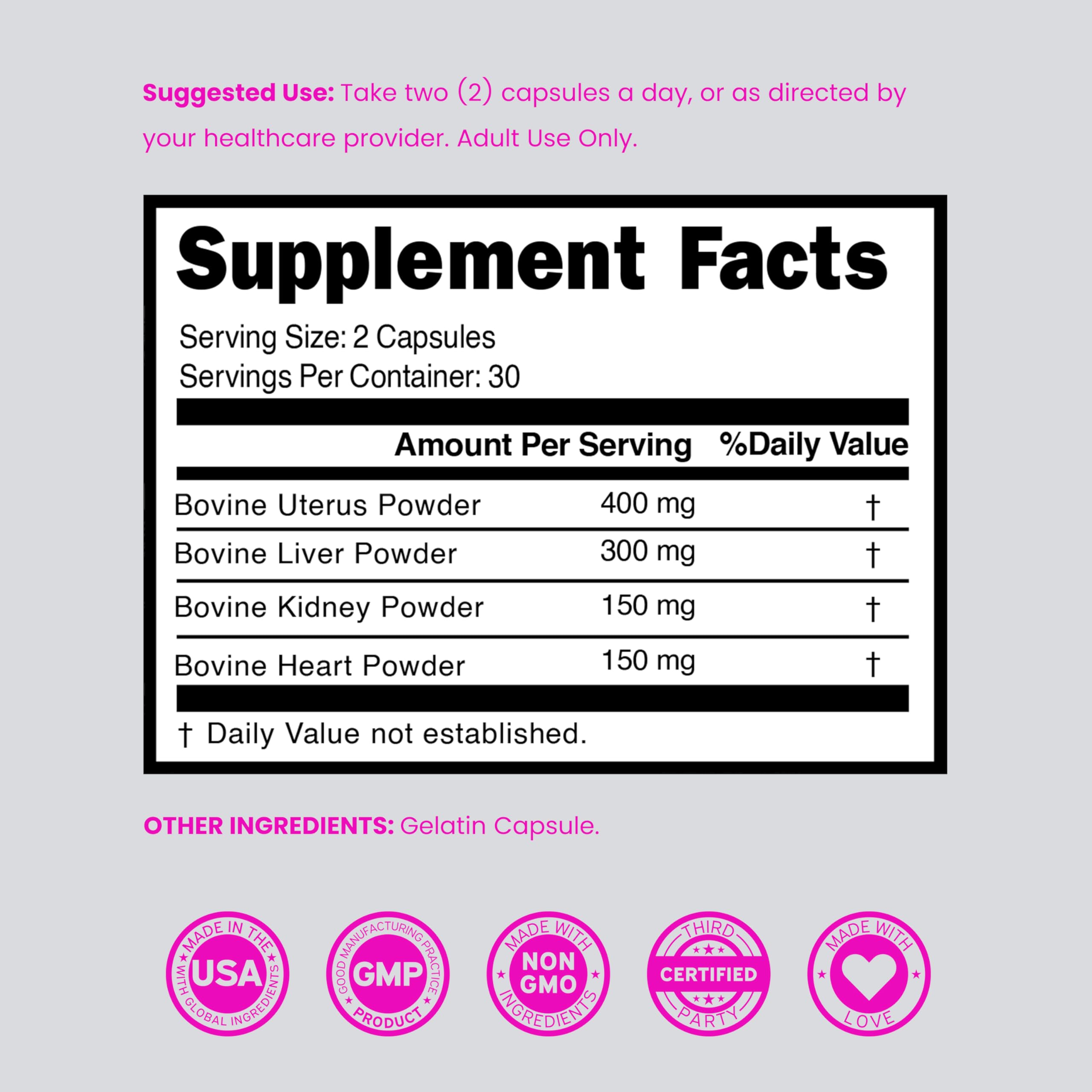 Dorado Nutrition Beef Organ Women bottle showcases USA-made, non-GMO capsules.