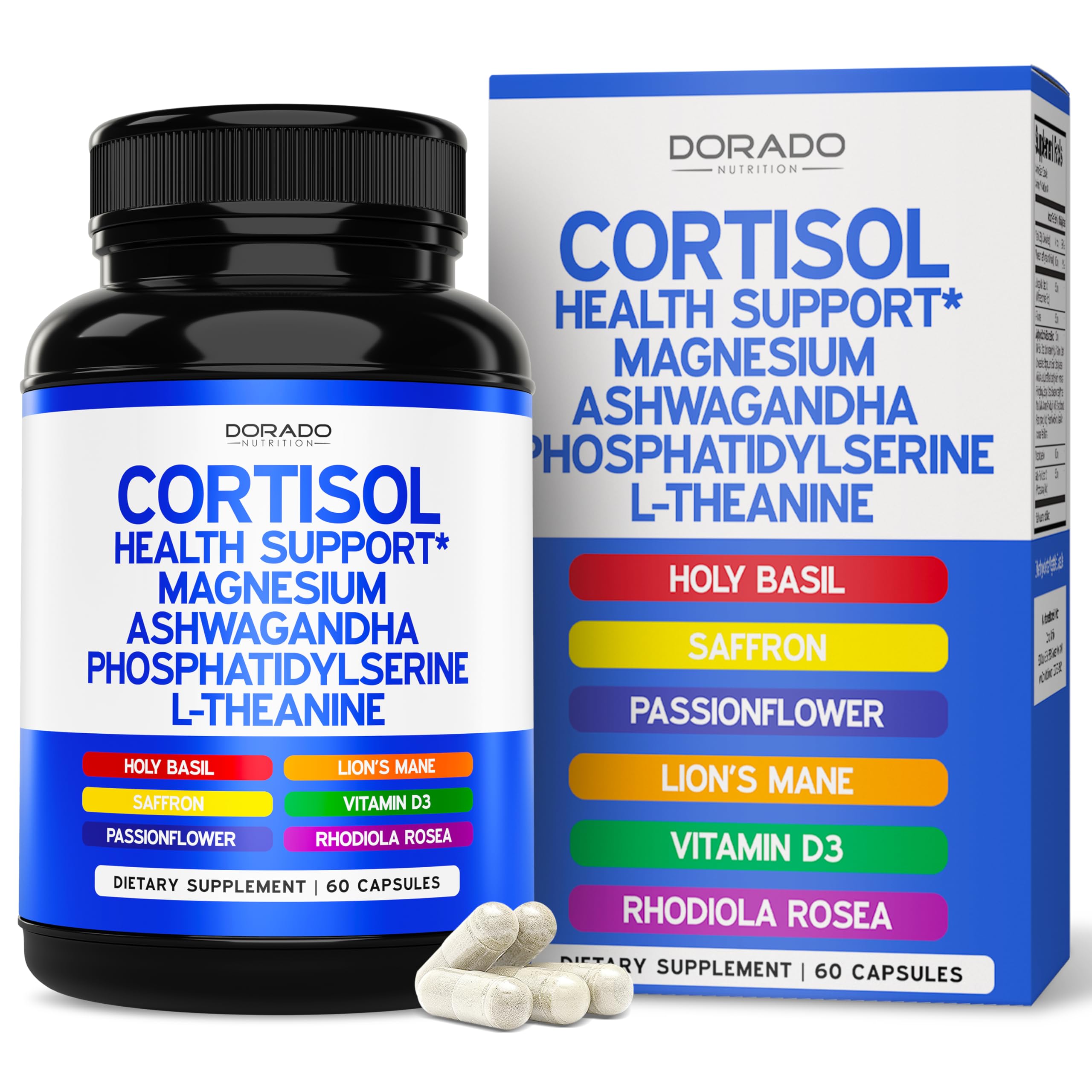 Dorado Nutrition cortisol supplement bottle for daily relaxation support.