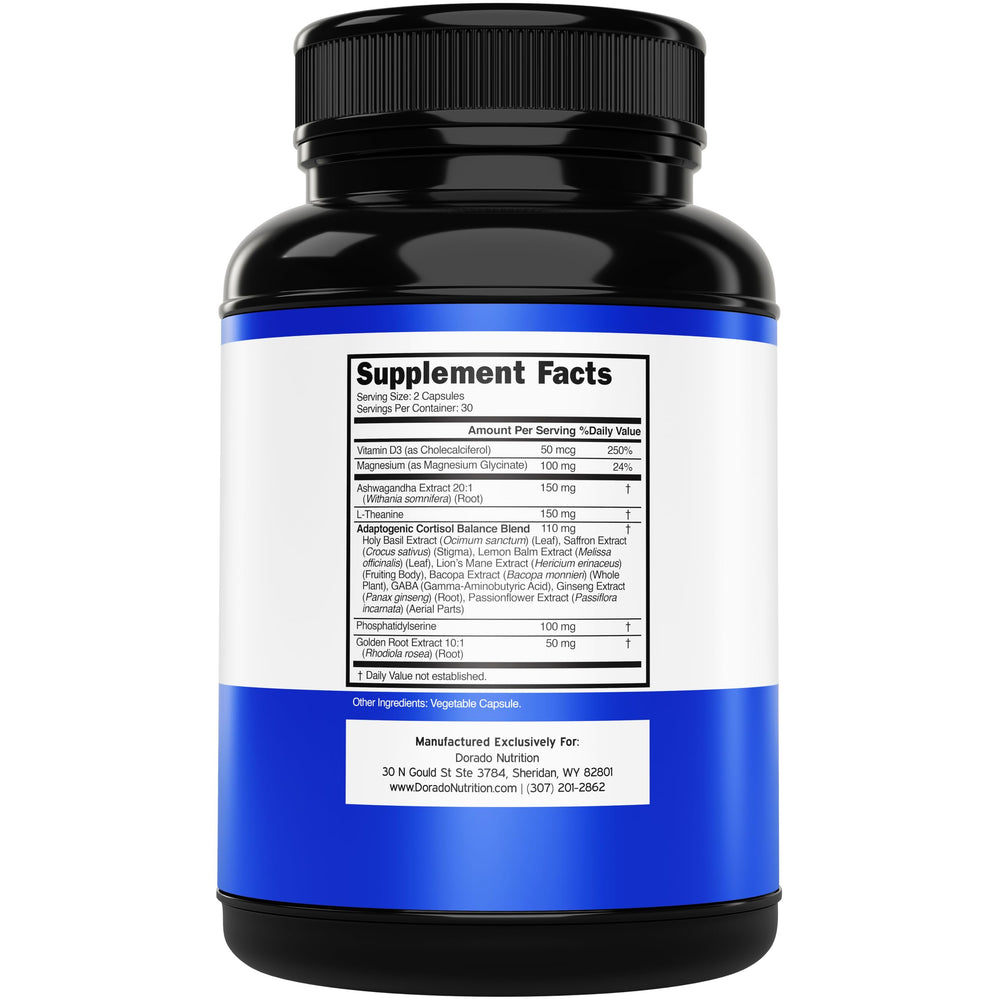 Dorado Nutrition cortisol capsules close-up highlighting 14-in-1 blend.