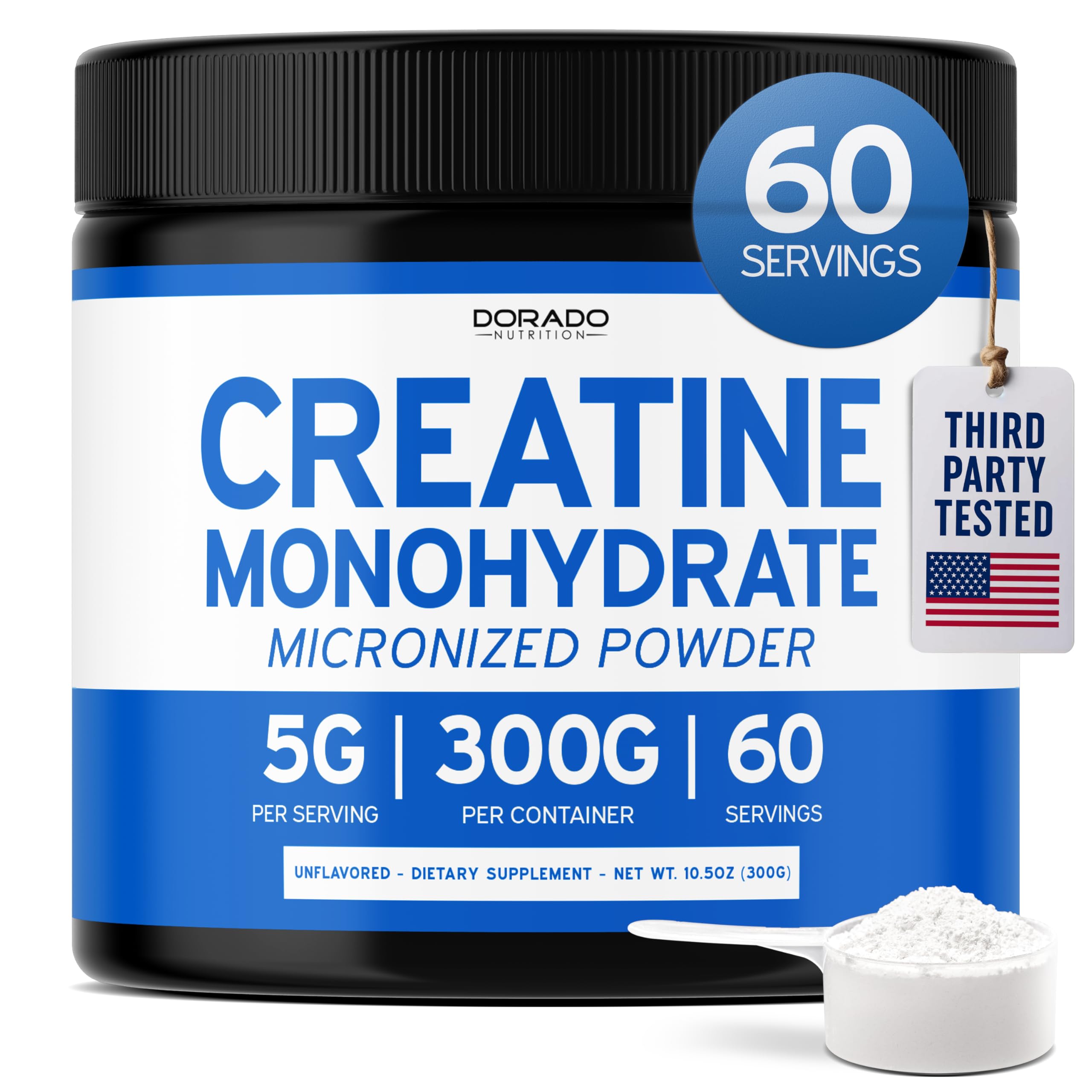 Dorado Nutrition creatine micronized scoop powder showing smooth texture for easy mixing