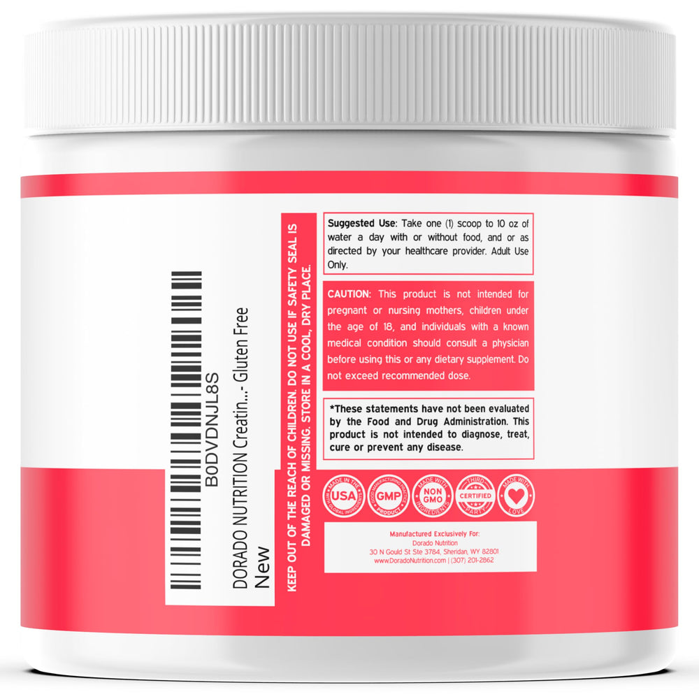 DORADO NUTRITION creatine label closeup highlighting collagen and BCAA