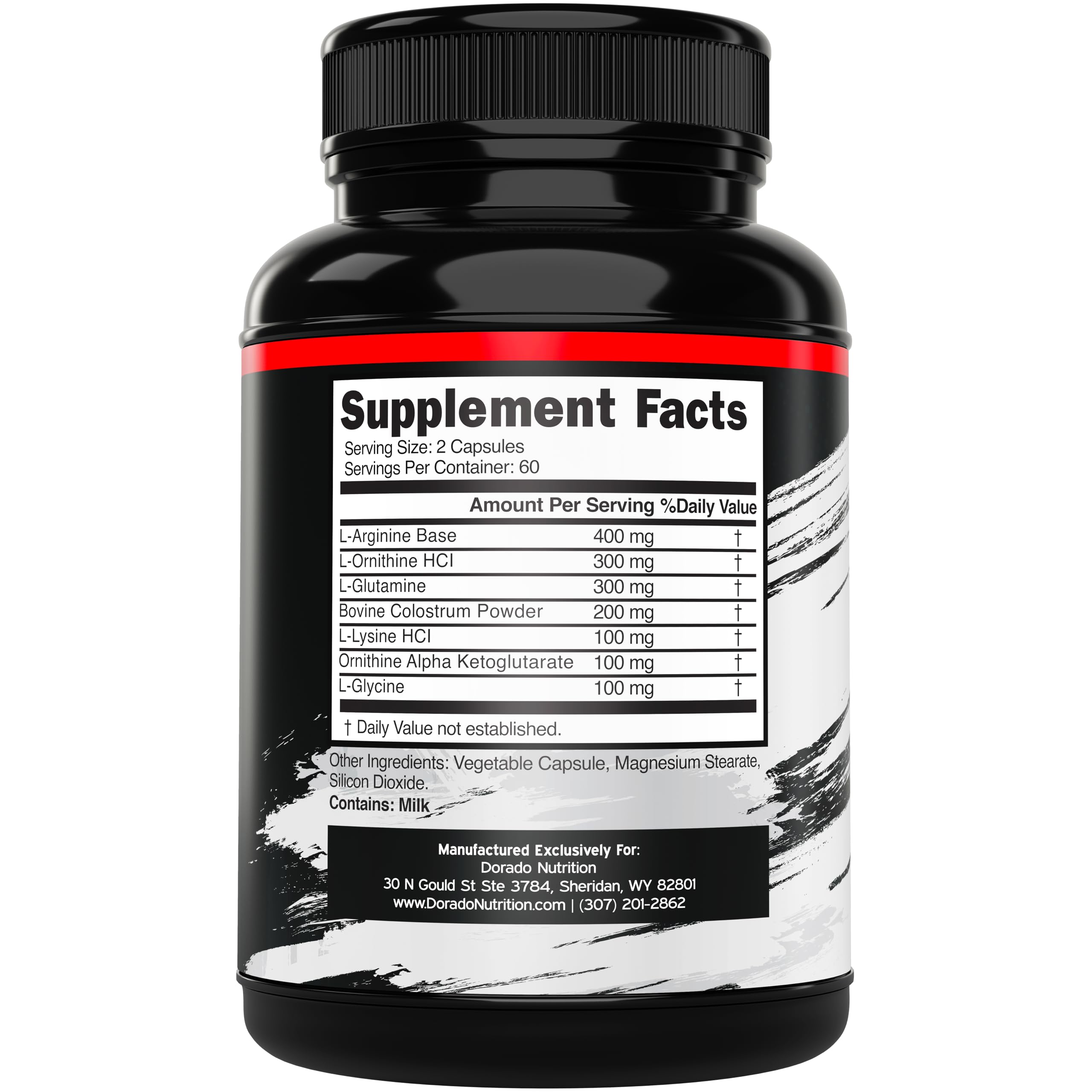 DORADO NUTRITION HGH bottle back label highlights ingredients and gluten-free promise.