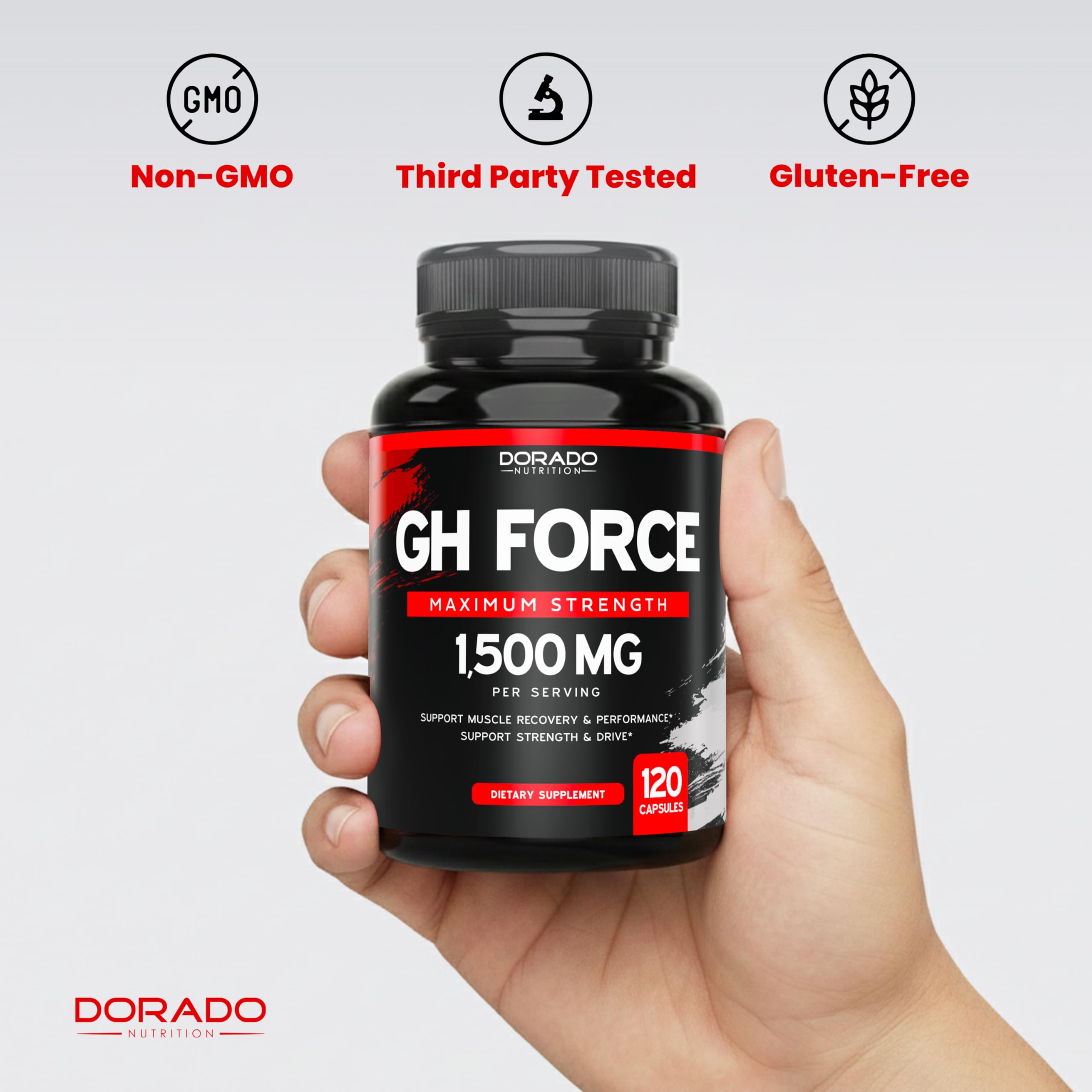DORADO NUTRITION HGH bottle with use-case for post-workout recovery.