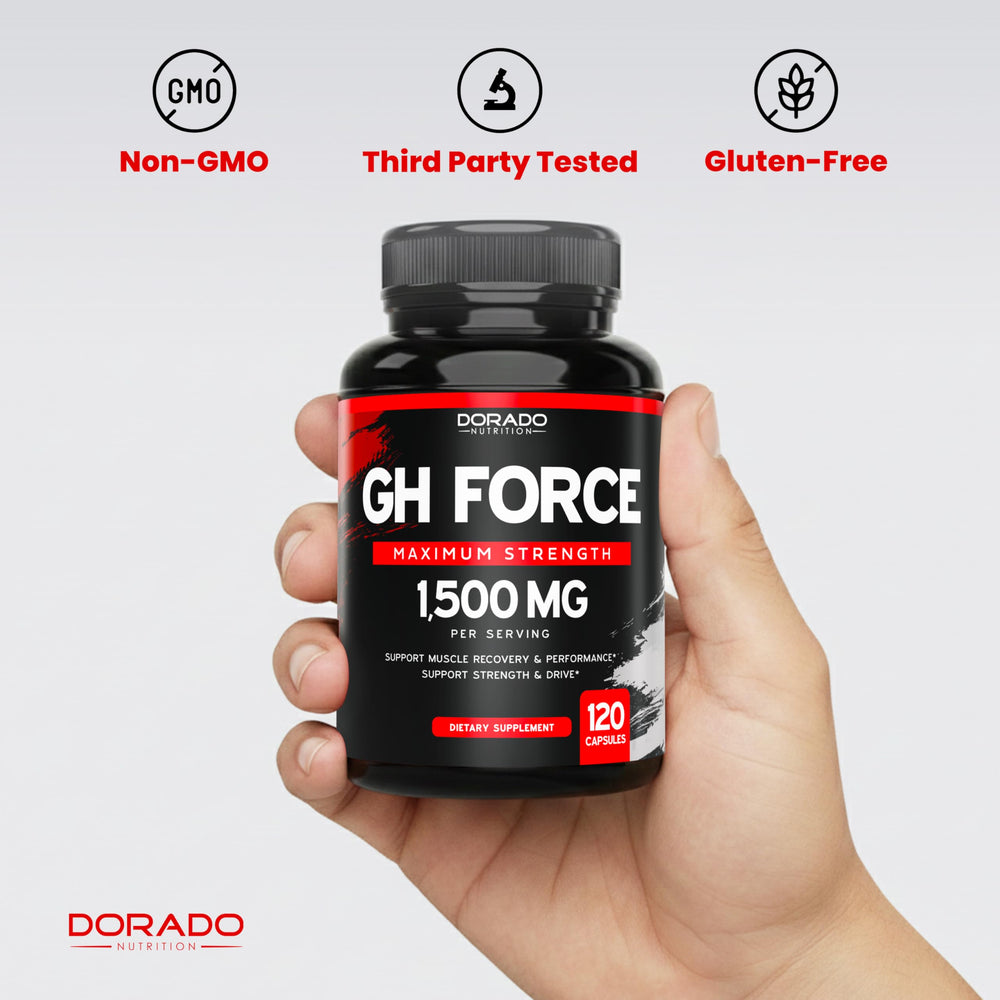 DORADO NUTRITION HGH bottle with use-case for post-workout recovery.