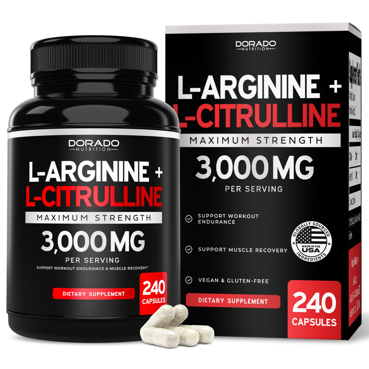 Dorado Nutrition L-Arginine L-Citrulline bottle pour promotes nitric oxide support for workouts.