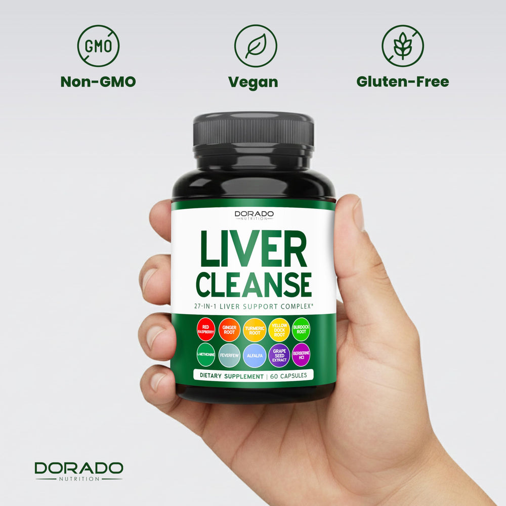 Dorado Nutrition Liver Cleanse bottle shown with a glass for easy daily routine.