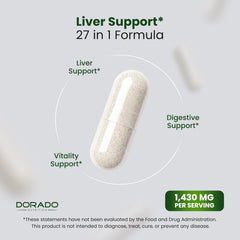 Dorado Nutrition Liver Cleanse bottle label highlighting gluten-free and GMO-free formula.