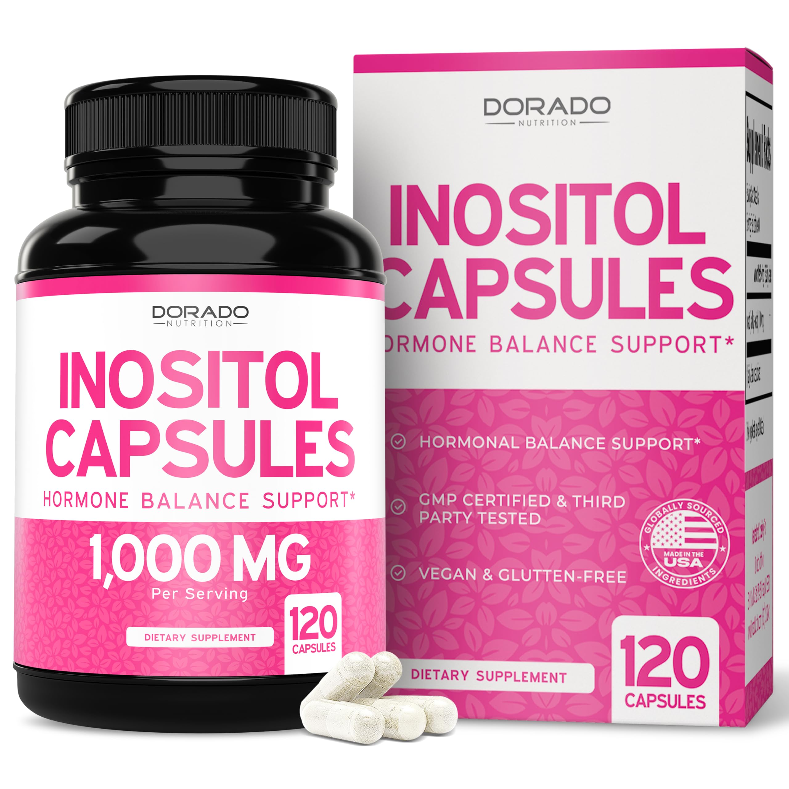 Dorado Nutrition Myo-Inositol capsules bottle for daily hormonal balance support.