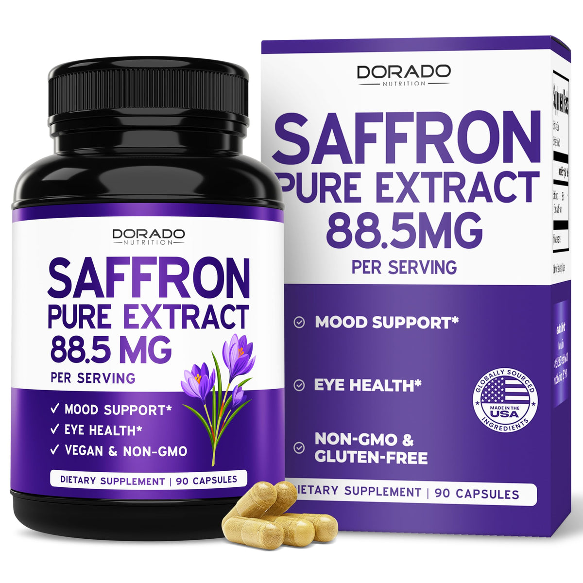 DORADO NUTRITION saffron capsules bottle front highlighting mood and energy support.