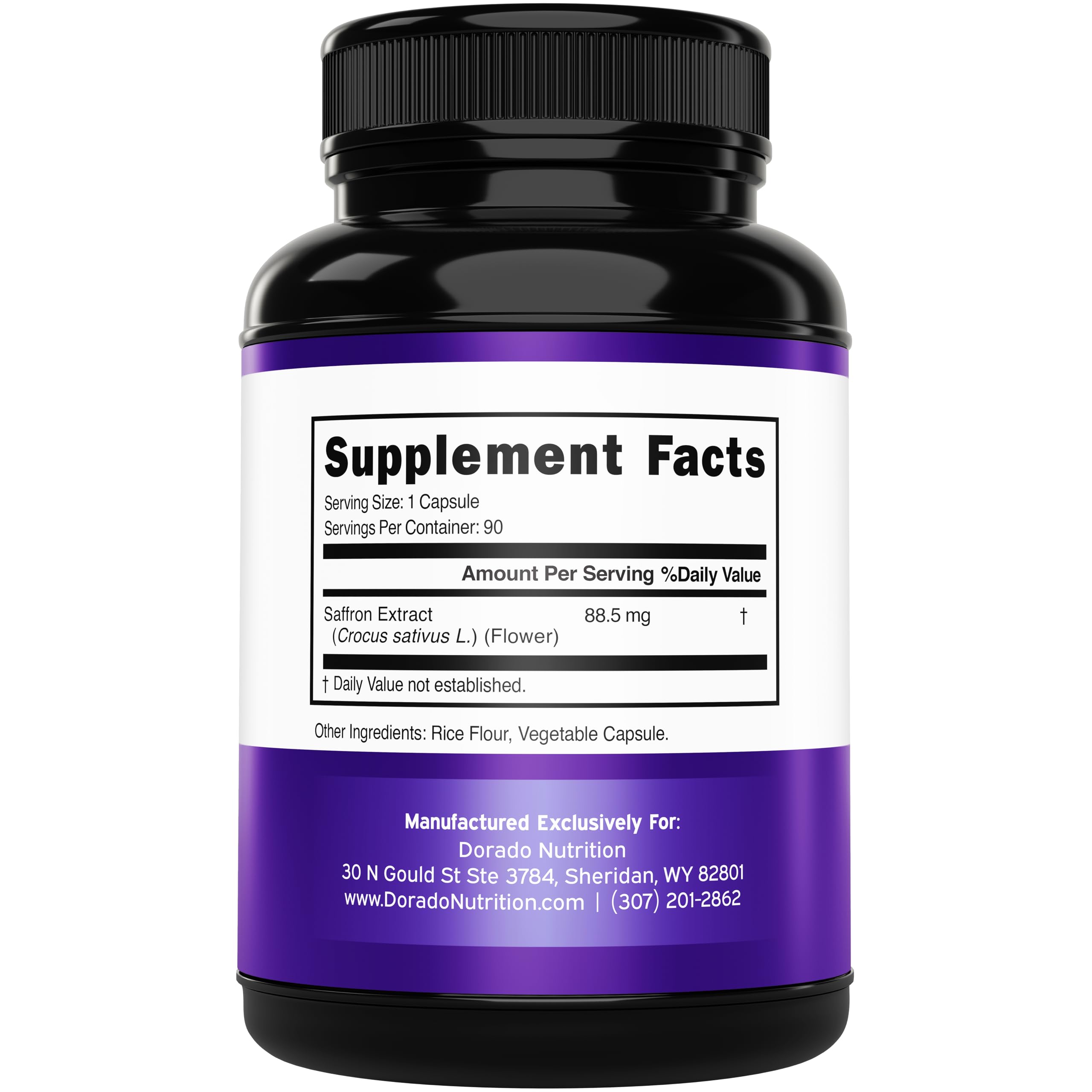 DORADO NUTRITION saffron capsules bottle back with ingredients and certifications.