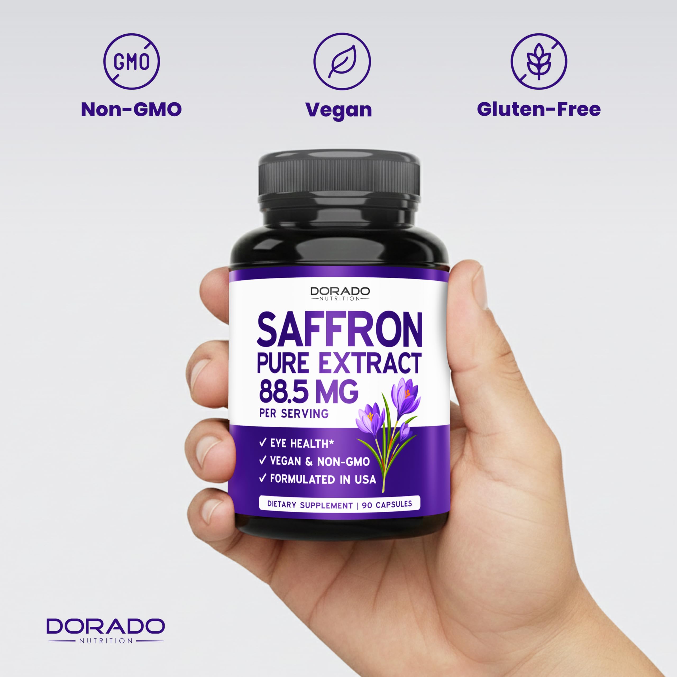 GMP facility label on DORADO NUTRITION saffron capsules packaging.