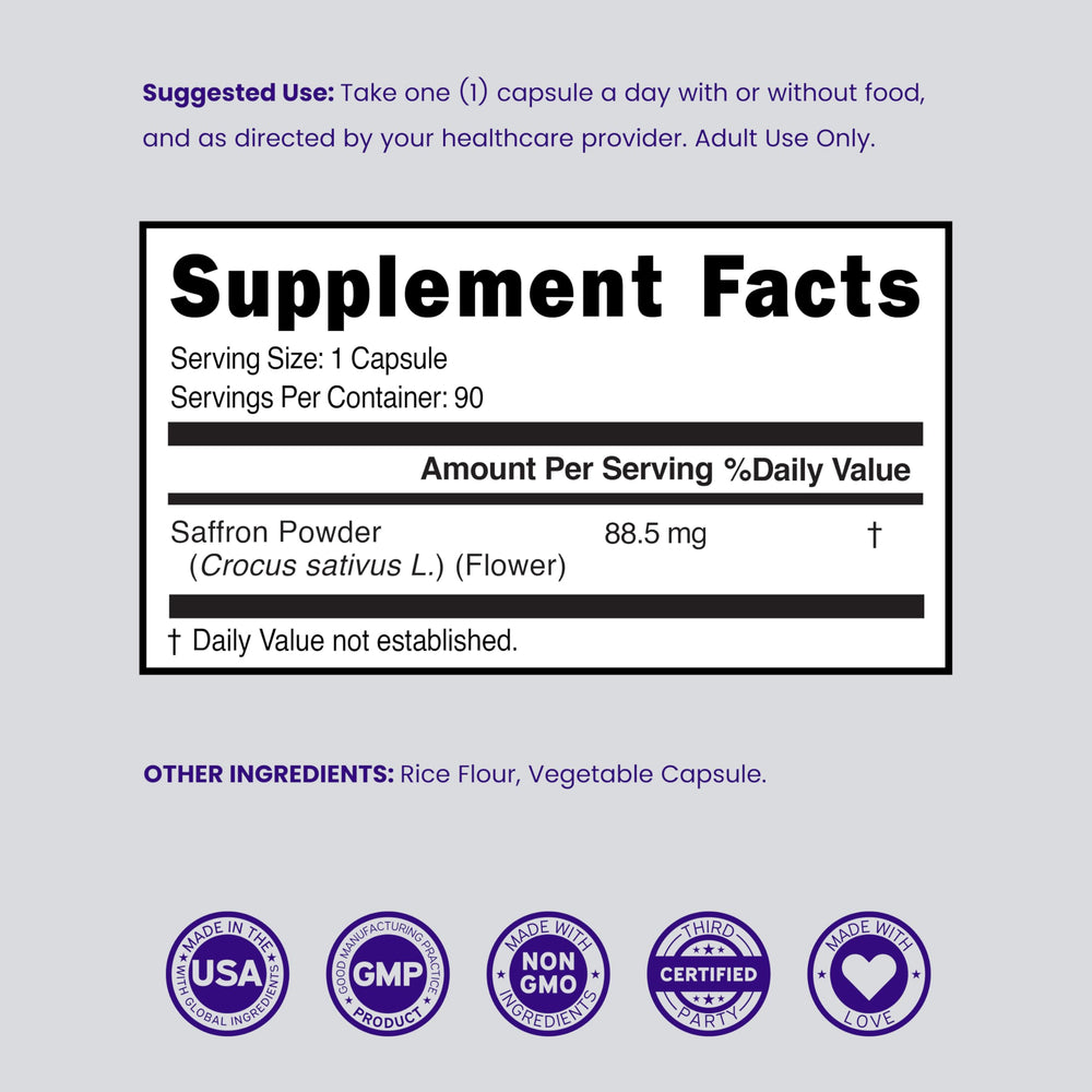 Third-party testing badge shown with DORADO NUTRITION saffron capsules for quality.