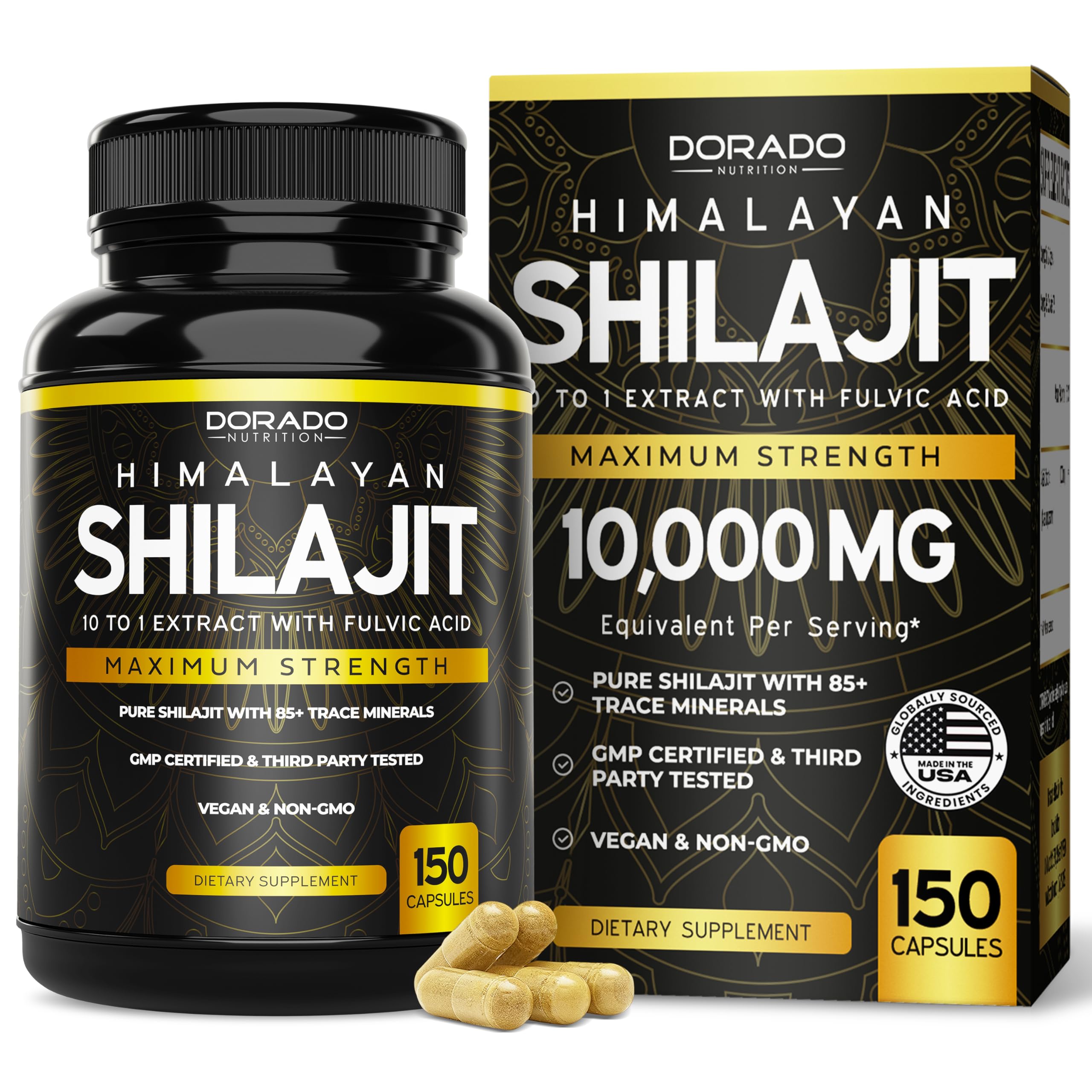 Dorado Nutrition Shilajit capsules 1000mg visual view suggests potential energy support.