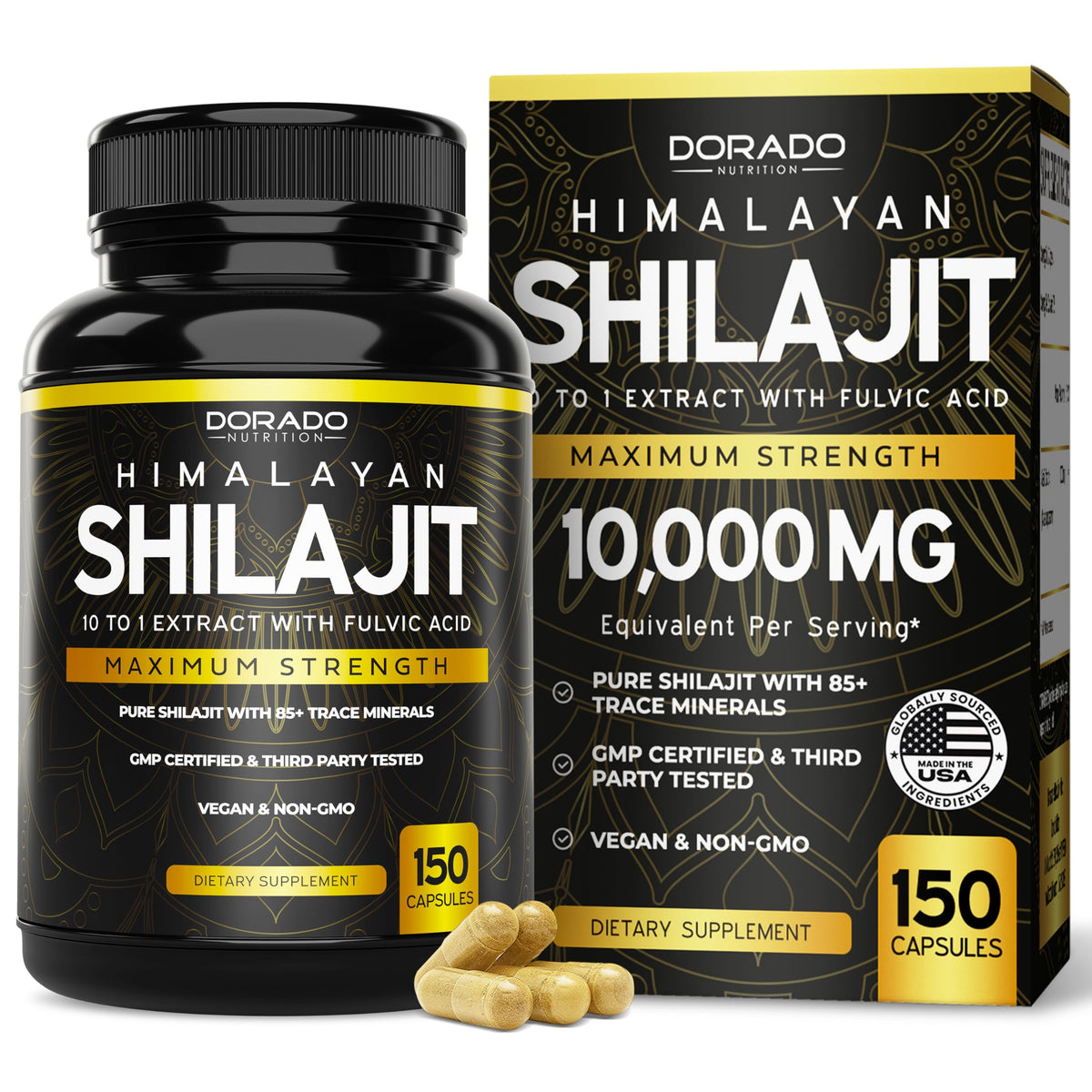 Dorado Nutrition Shilajit capsules 1000mg visual view suggests potential energy support.