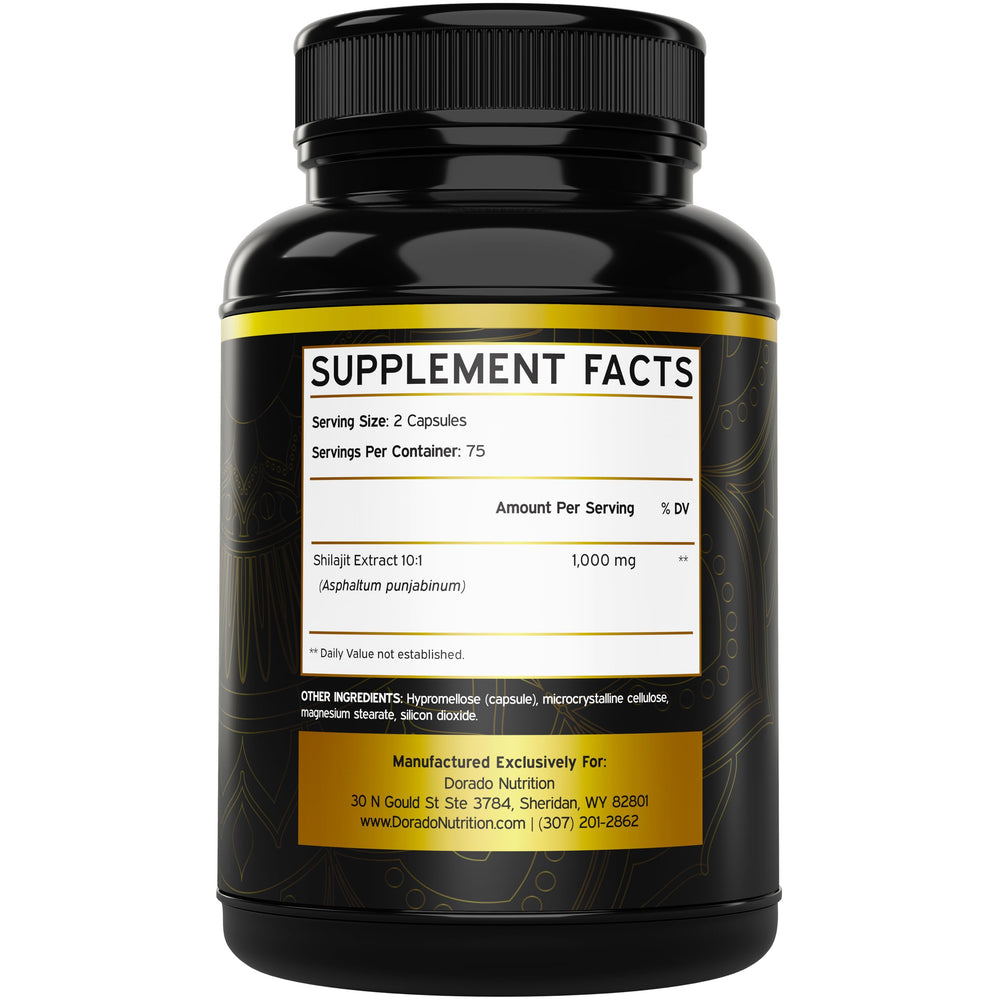 Dorado Nutrition Shilajit capsules with 85+ minerals visual highlights a mineral-rich daily formulation.