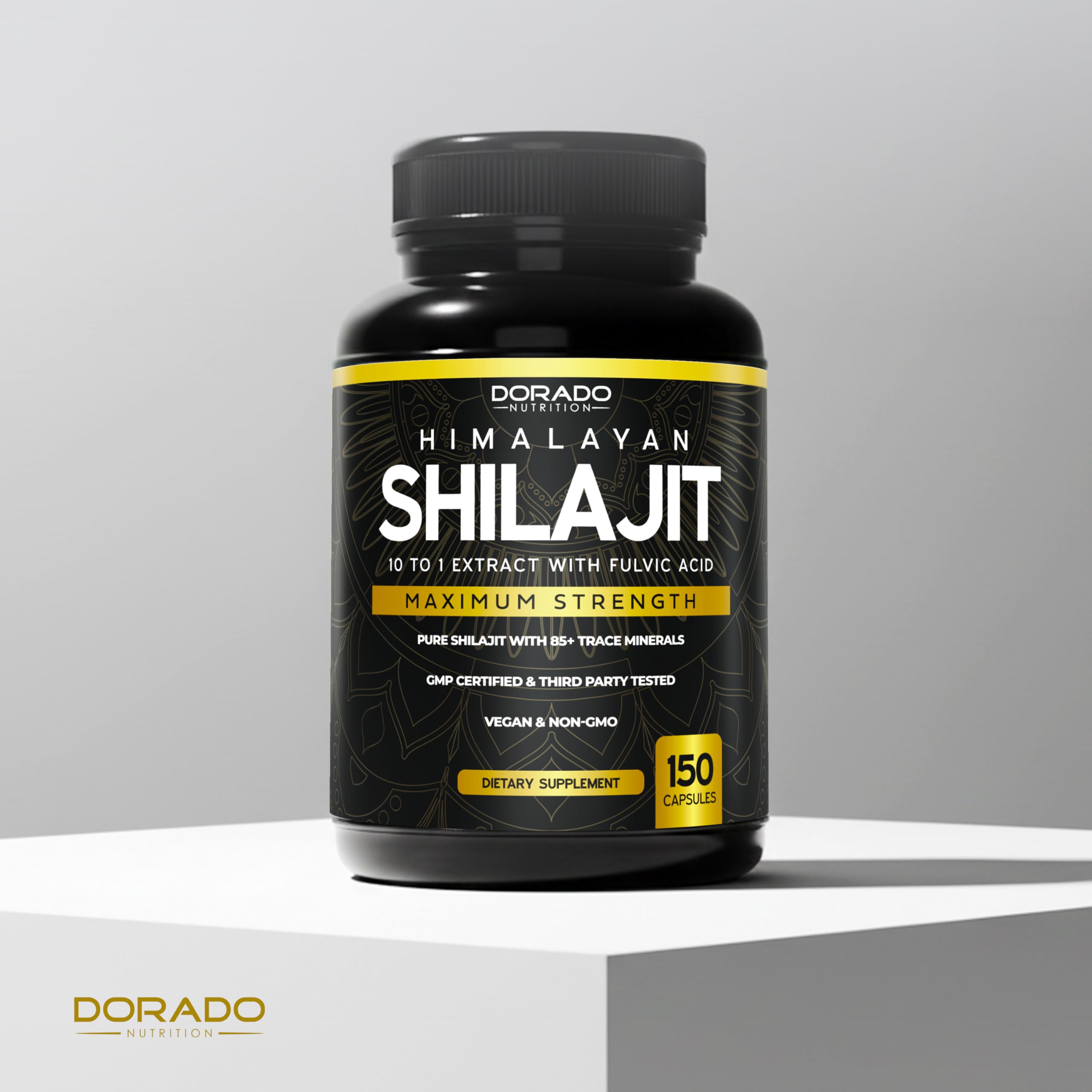 Dorado Nutrition Shilajit capsules visual confirms GMP-certified manufacturing standards.