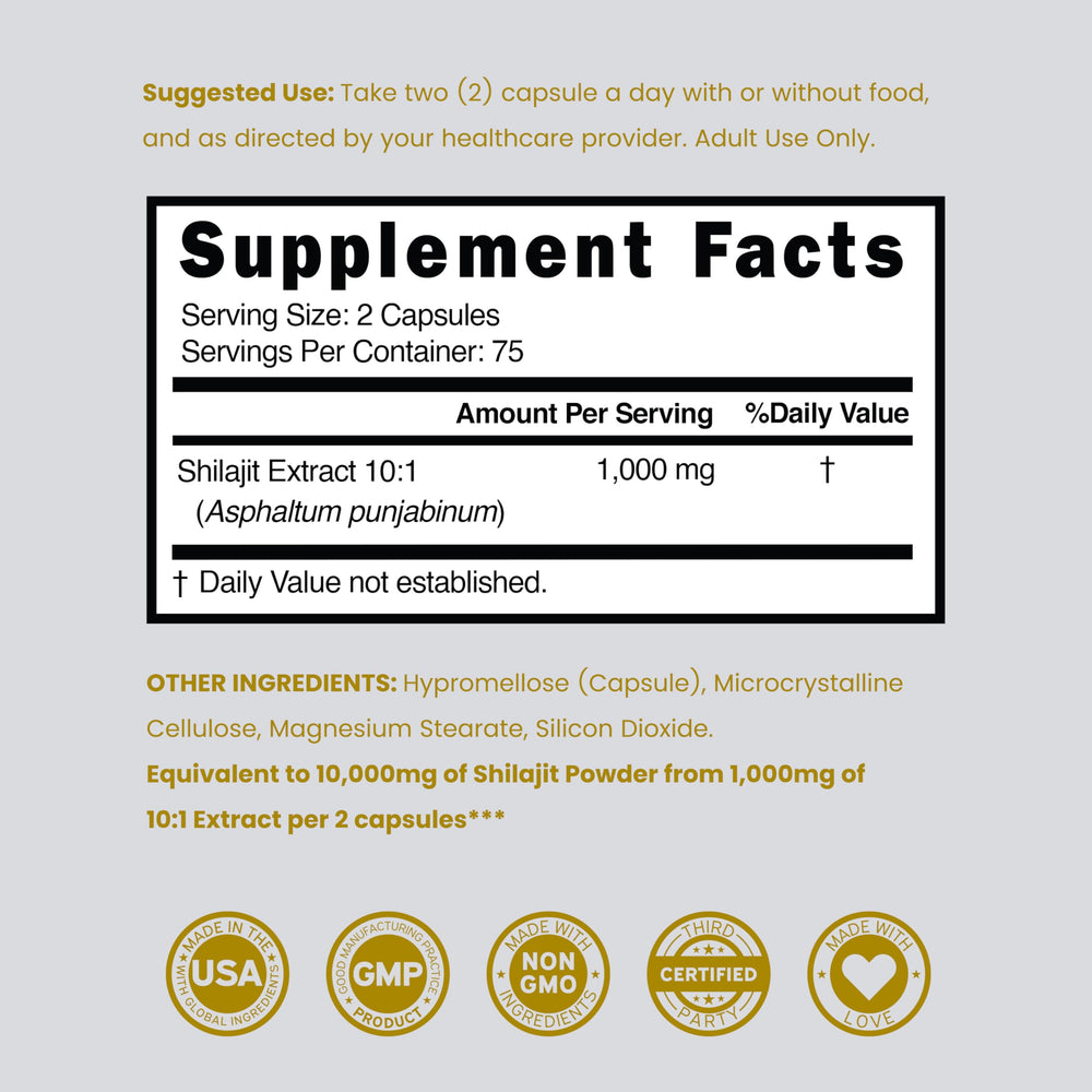Dorado Nutrition Shilajit capsules visual indicates third-party testing and verification.