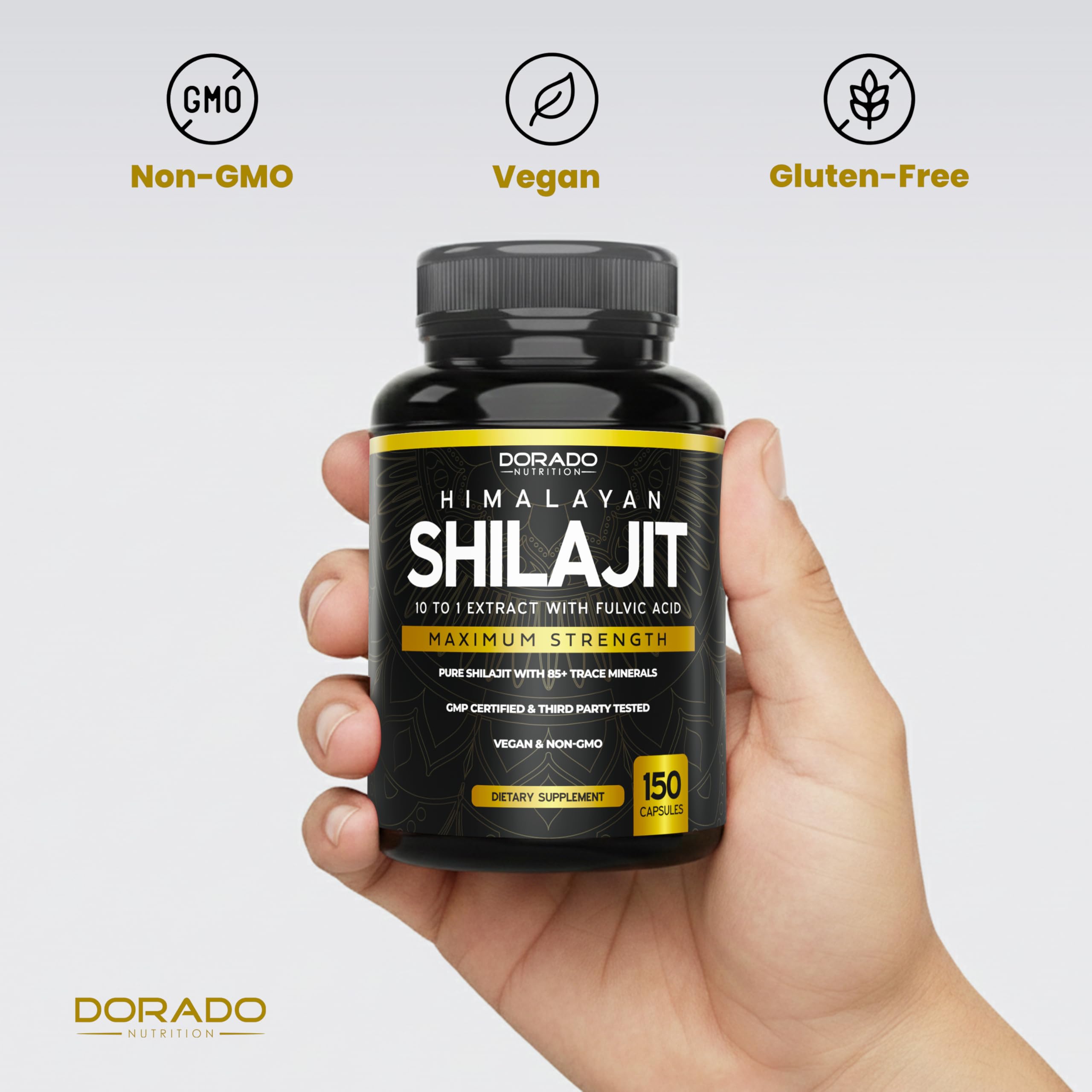 Dorado Nutrition Shilajit capsules visual for vegan, non-GMO formulation.