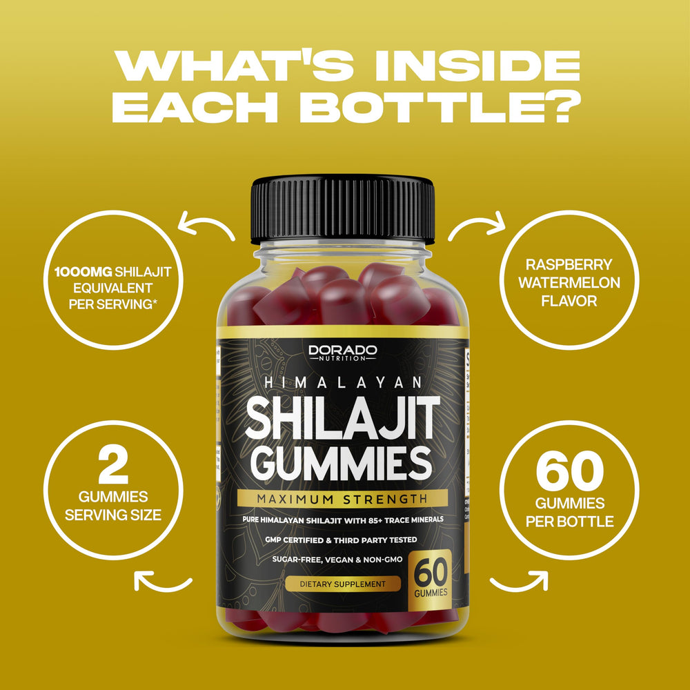 Dorado Nutrition Shilajit Gummies close-up reveals 50 mg potency for daily vitality.