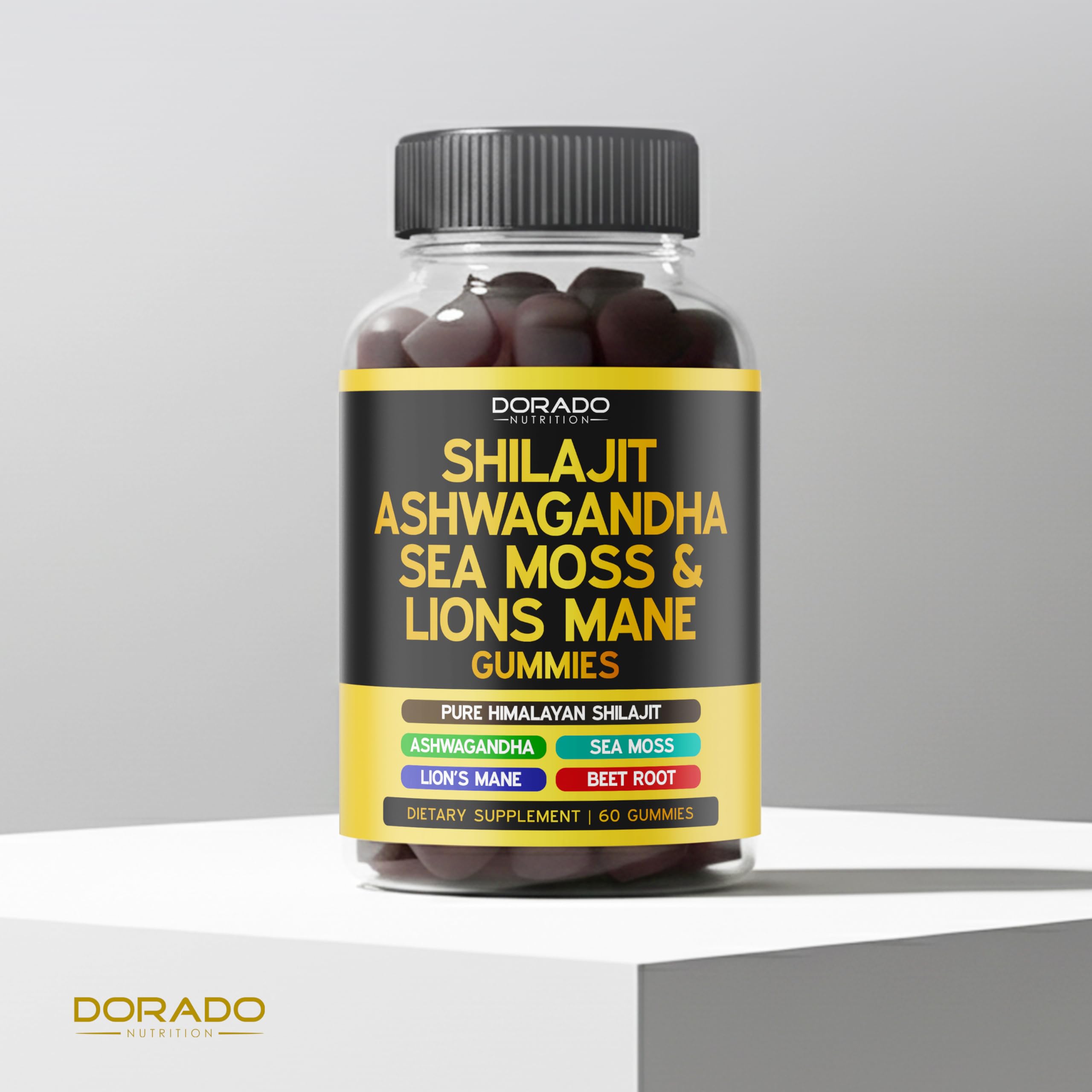 Dorado Nutrition Shilajit Gummies bottle with glass shows portable energy on the go.